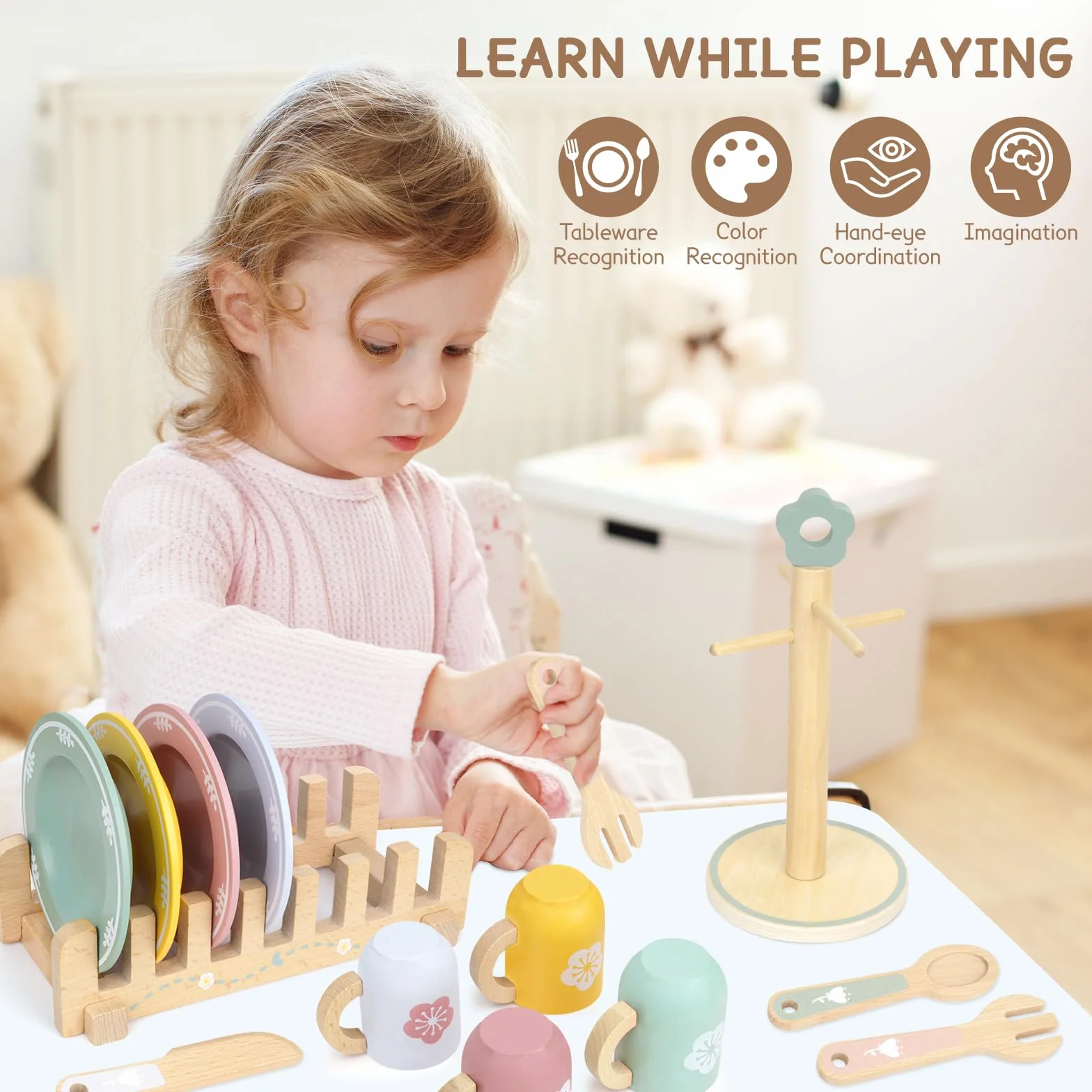 Montessori naczynia kuchenne dla dzieci, drewniane, 29 szt., filiżankami, talerzami, akcesoria kuchenne do zabawy, zastawa do herbaty, akcesoria kuchenne, prezent dla dziewcząt