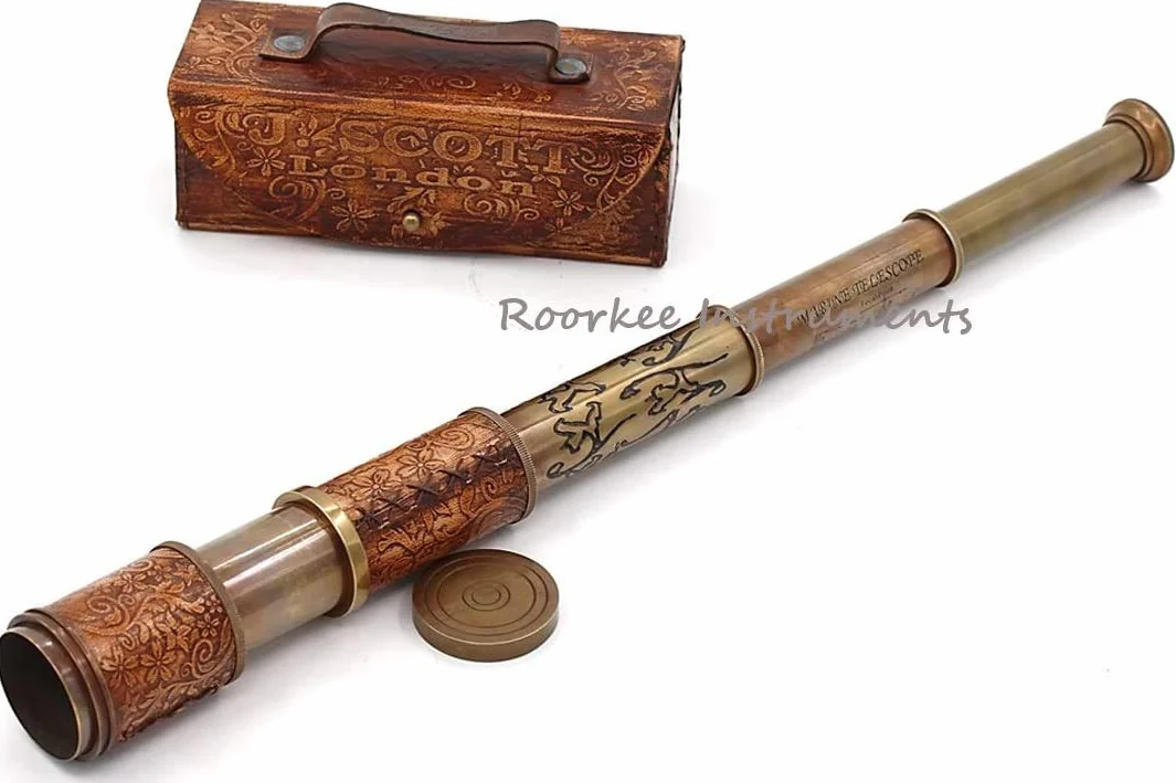 Roorkee Instruments (Indie) stempel pirat mosiądz Spyglass teleskop ze skórzaną torbą/marynarzami, dekoracja domu, pirat, kapitan, łódź, zabawka, prezent (35,6 cm, J. Scott)