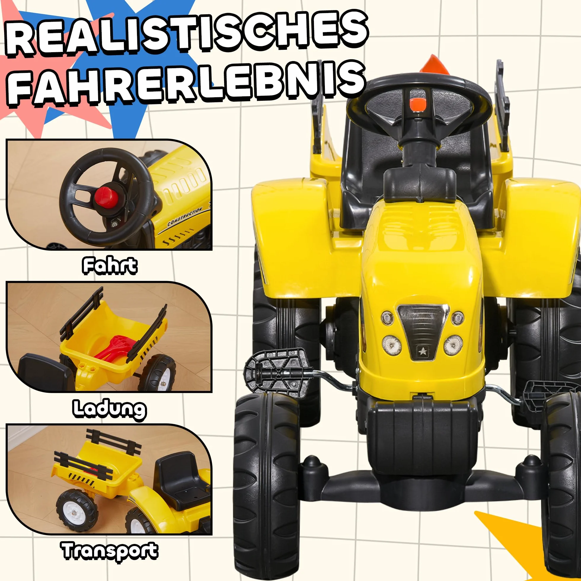 HOMCOM Traktor pedałowy z przyczepą, traktor pedałowy, dla dzieci od 3 lat, do użytku na zewnątrz, do ogrodu, metalowy, żółty, 133 x 42 x 51 cm