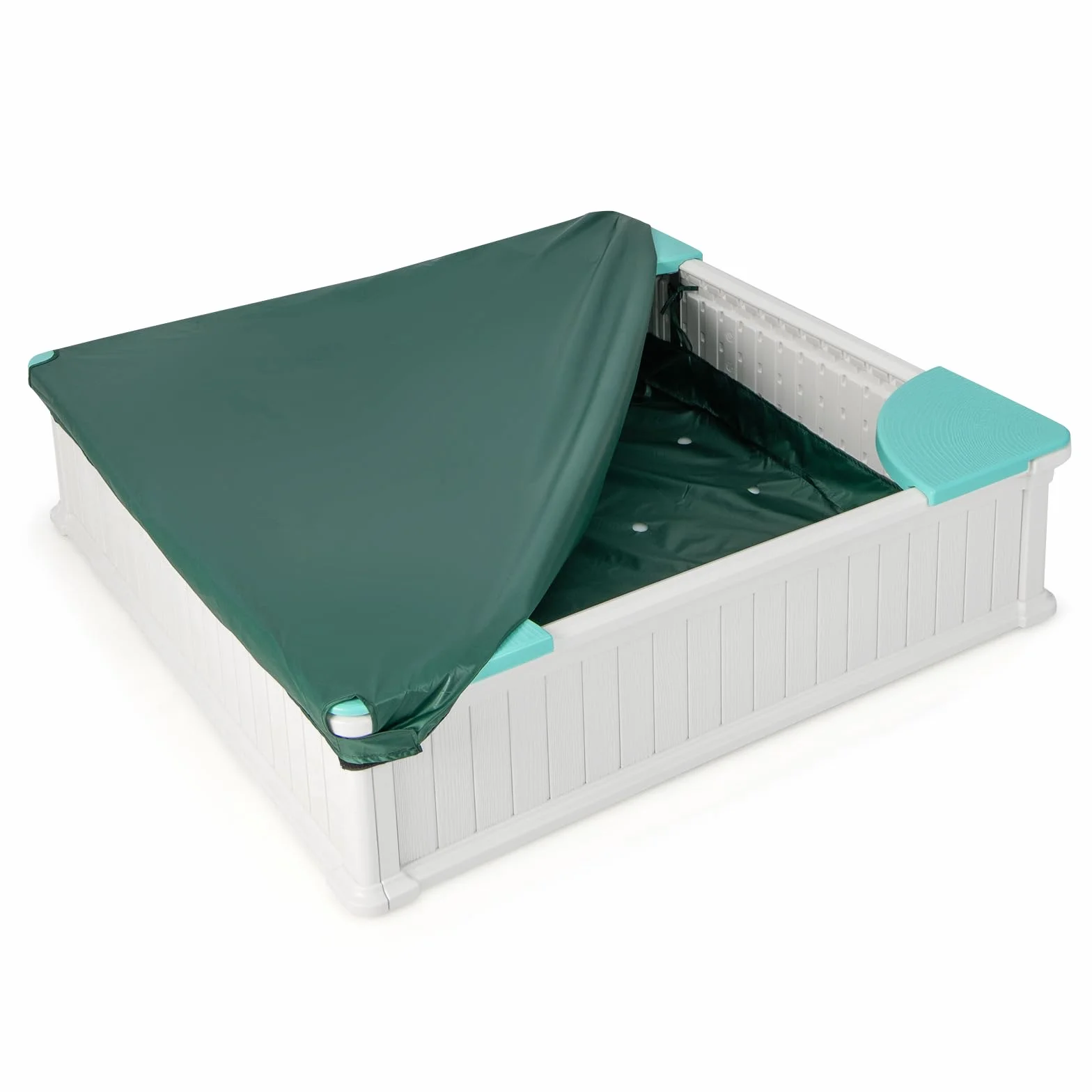 COSTWAY Piaskownica dziecięca z drewna 123,5 x 123,5 x 31,5 cm z 4 siedzeniami kwadratowa HDPE do ogrodu biała