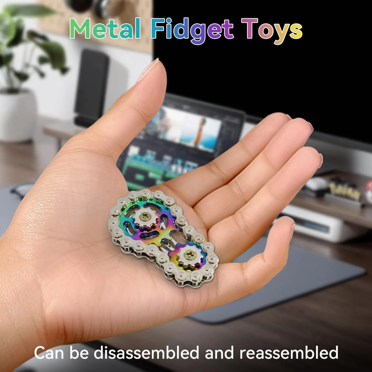 Metalowe zabawki typu fidget, zabawka fidget z łańcuchem rowerowym z 2 biegami, gadżety do redukcji lęku, ręczne spinnery dla dorosłych (srebrny + kolor)