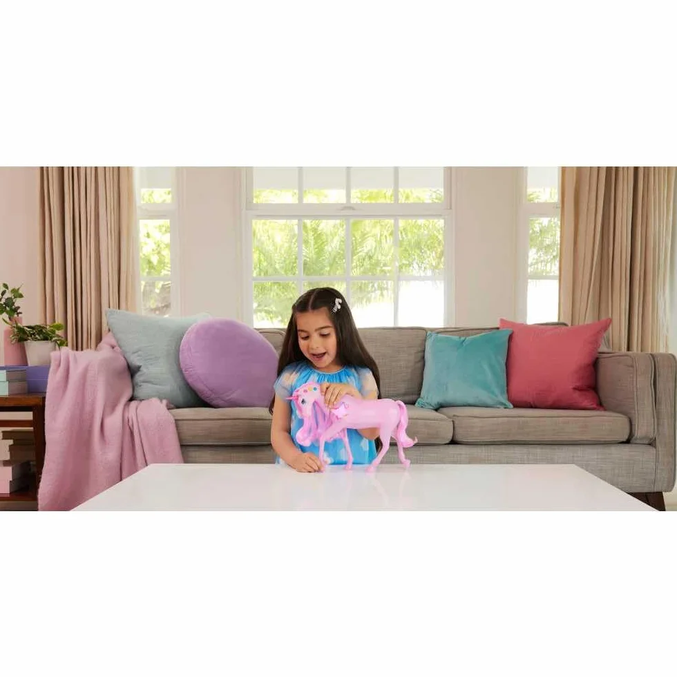 Barbie Magiczny jednorożec Baśniowe światełka Interaktywna zabawka jednorożec z 20 kombinacjami światełek, dźwięków i muzyki, zabawa aktywowana naciskaniem przycisków i głowy, JCP78