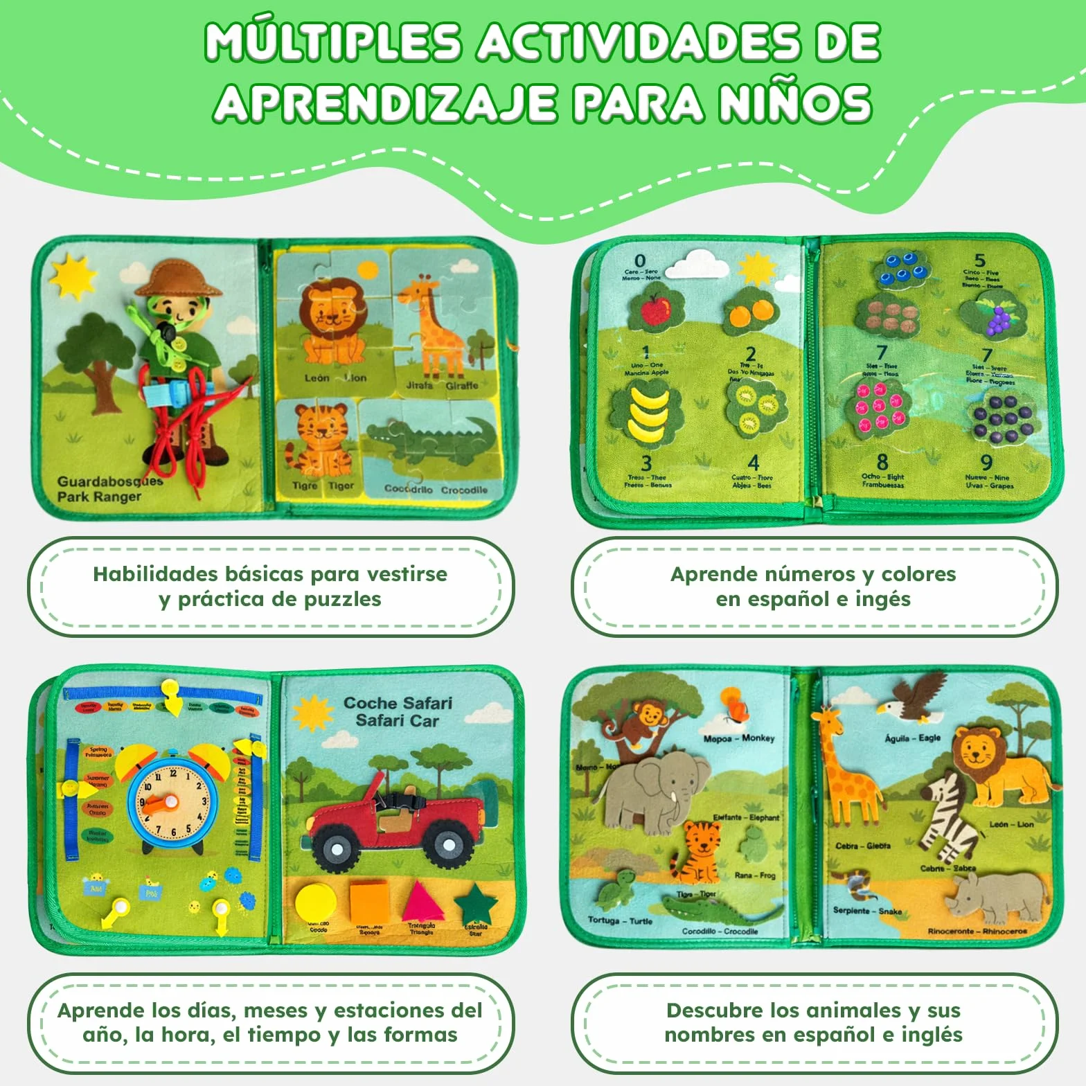Busy Board Montessori Dwujęzyczne zwierzęta z dżungli hiszpański/angielski - zabawka sensoryczna dla niemowląt - Książka Montessori 3 lata filcu- Edukacyjna tablica Montessori z drobną motoryką