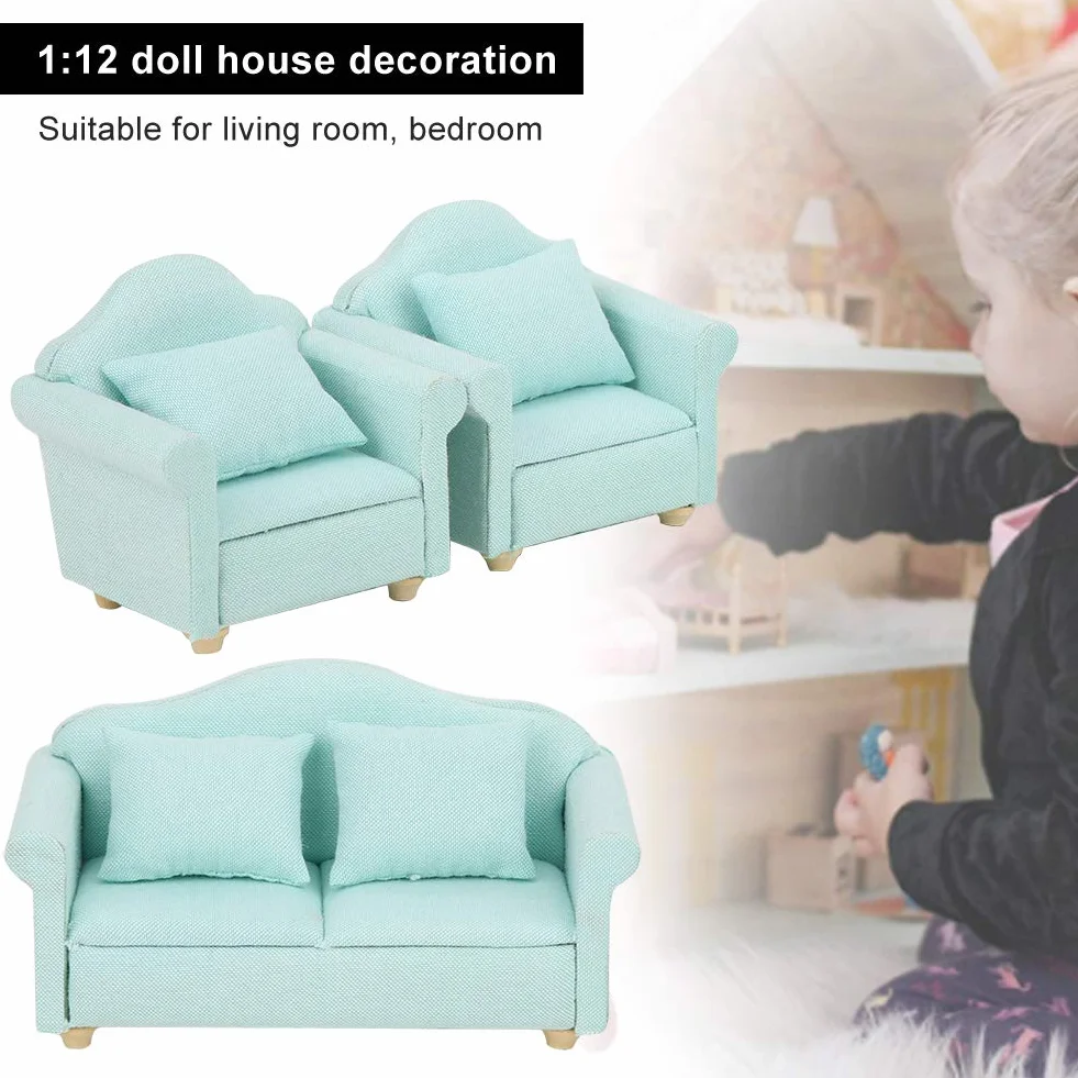 3 szt. Sofa do domku dla lalek, 1:12 mini meble do domku dla lalek ręcznie robiona sofa zestaw poduszek dla lalek akcesoria meblowe kolor matcha