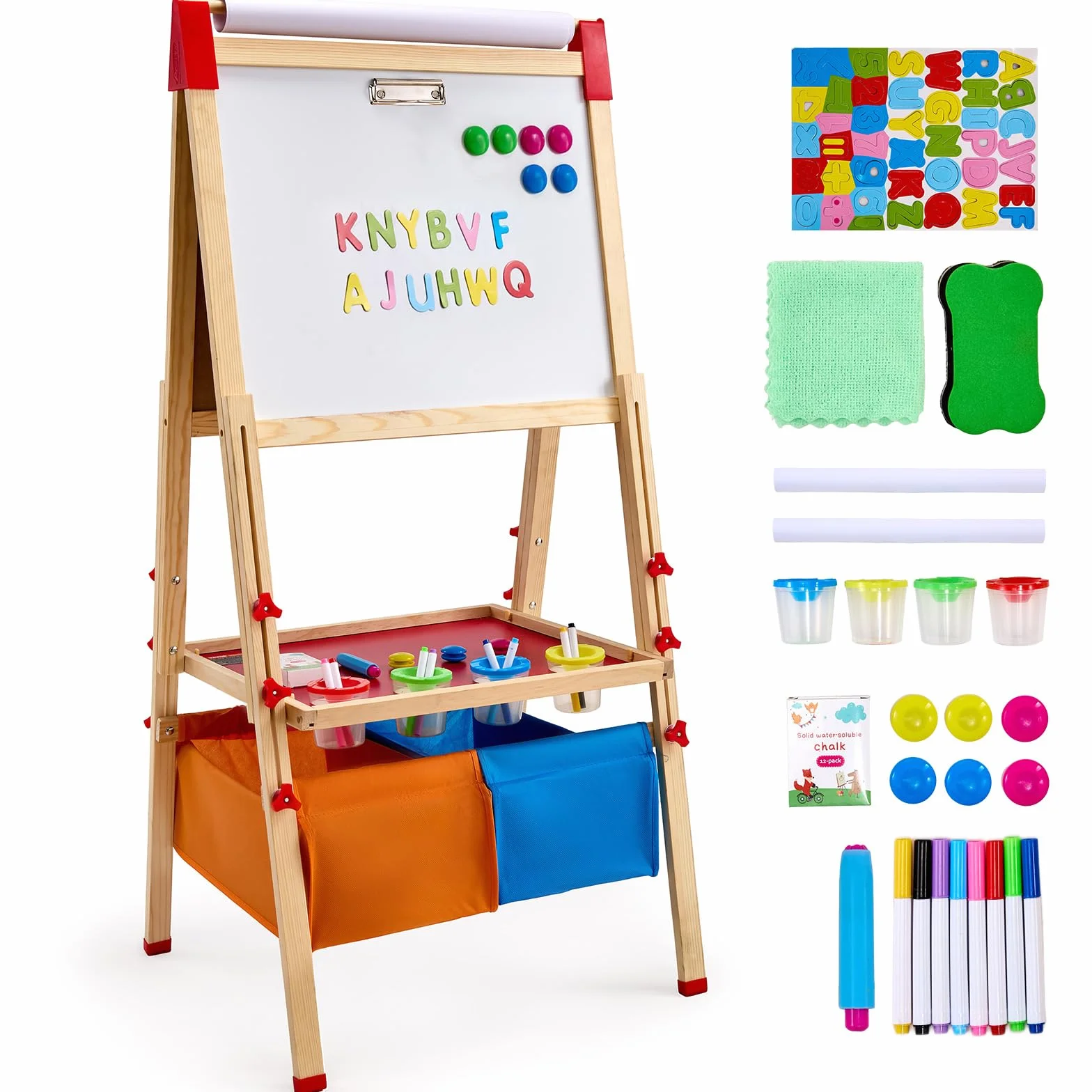 VEVOR 3 w 1 dwustronna drewniana sztaluga dla dzieci z tablicą magnetyczną, tablicą, rolką papieru i miejscem do przechowywania, regulowana sztaluga artystyczna z akcesoriami do malowania dla dzieci