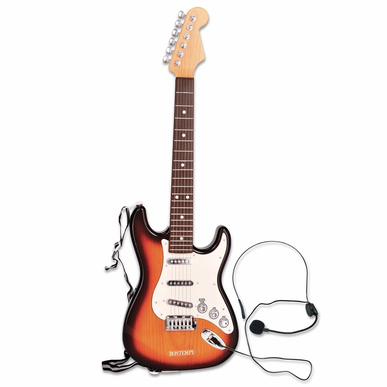 BONTEMPI - Rock On Bezprzewodowa Elektroniczna Gitara Rockowa z Mikrofonem na Głowę, Pasek na Ramię, 10 Wstępnie Nagranych Utworów, 67 cm