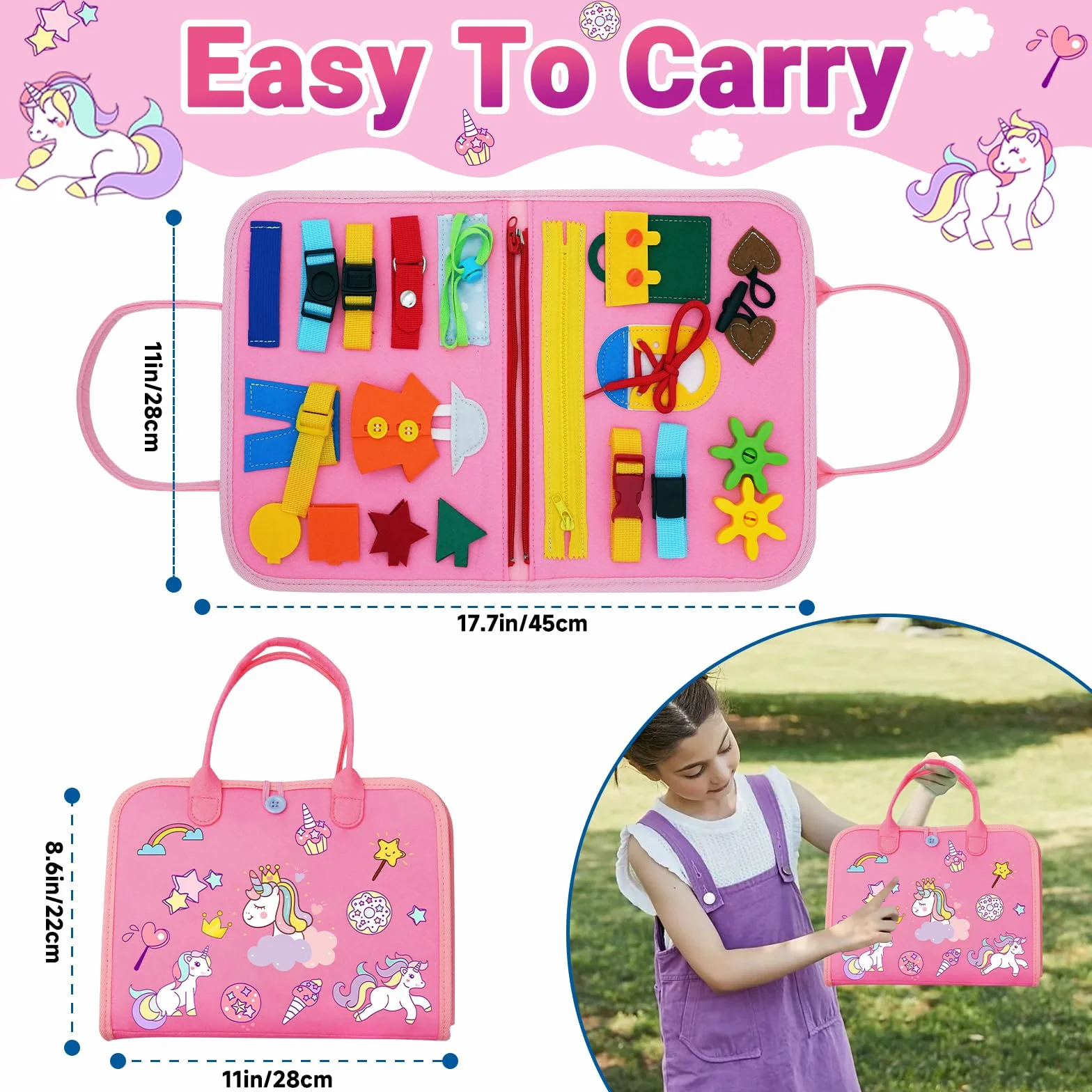 RunHero Busy Board Montessori zabawka dla dzieci od 1 roku życia Quiet Book Activity Board zabawka motoryczna zabawka z filcu 1 2 3 4 5 lat dla dzieci chłopców i dziewczynek