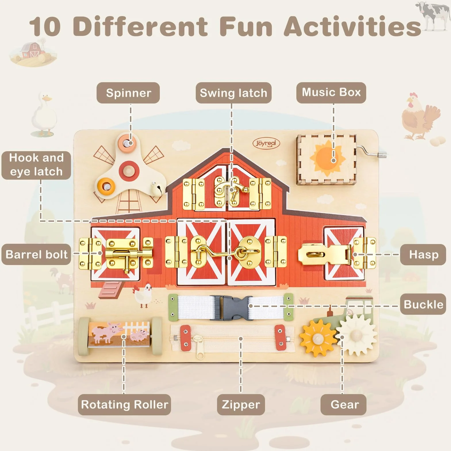 Joyreal Montessori Busy Board motyw gospodarstwa rolnego deska motoryczna zabawka drewniana sensoryczna