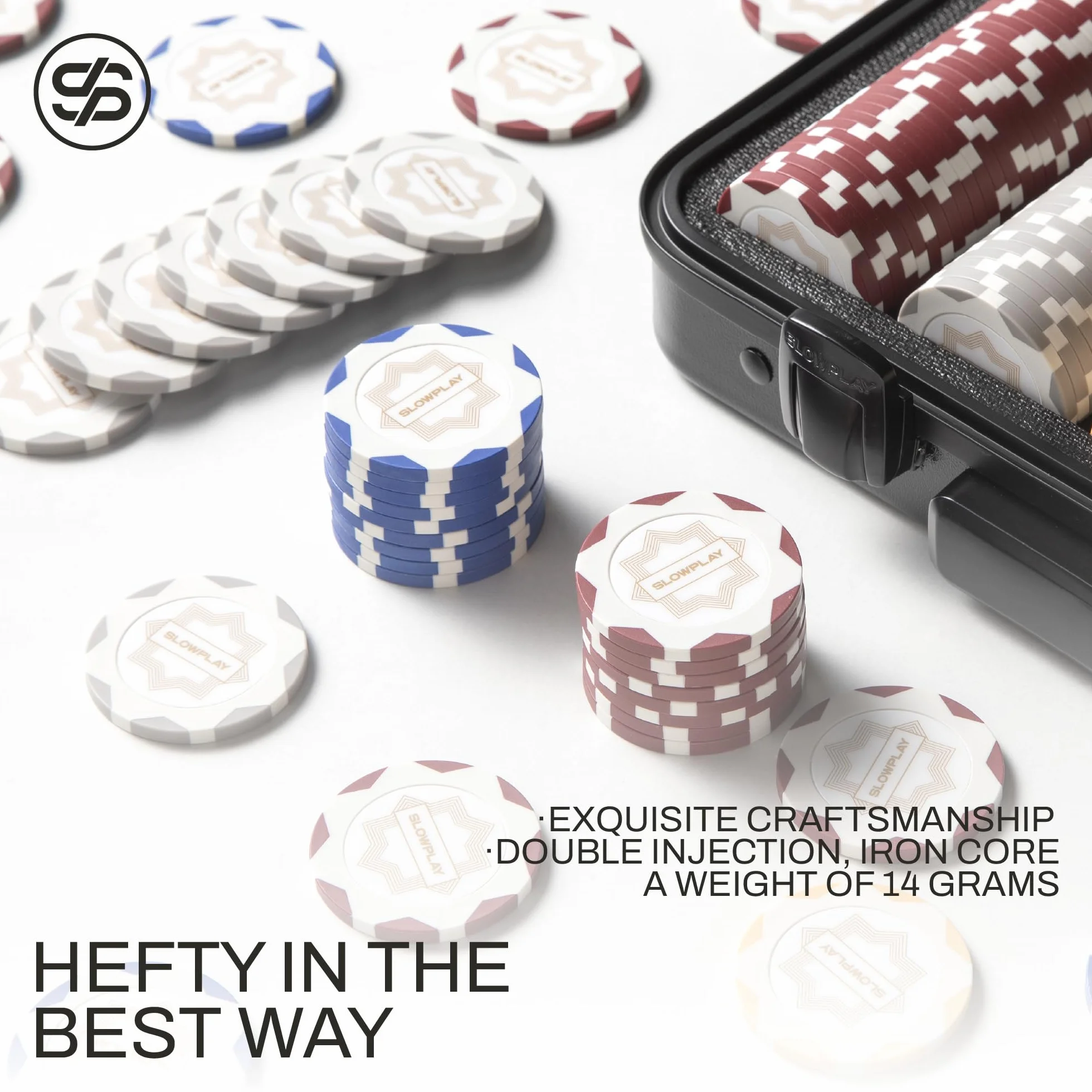 Zestaw żetonów do pokera SLOWPLAY Nash 14 g | Etui premium z wytrzymałą powłoką z poliwęglanu | Edycja Biało-Złota, Zestaw 500 szt. bez numeracji