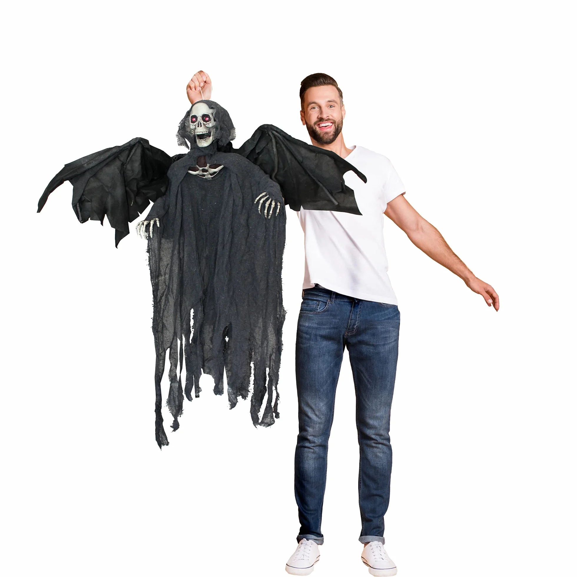 I LOVE FANCY DRESS LTD Ponure Reaper Halloween rekwizyt animowana dekoracja ze skrzydłami - czerwone świecące oczy i efekty dźwiękowe - Eerie Reaper z zmotoryzowanymi skrzydłami i głową - rekwizyty na Halloween, 1 opakowanie