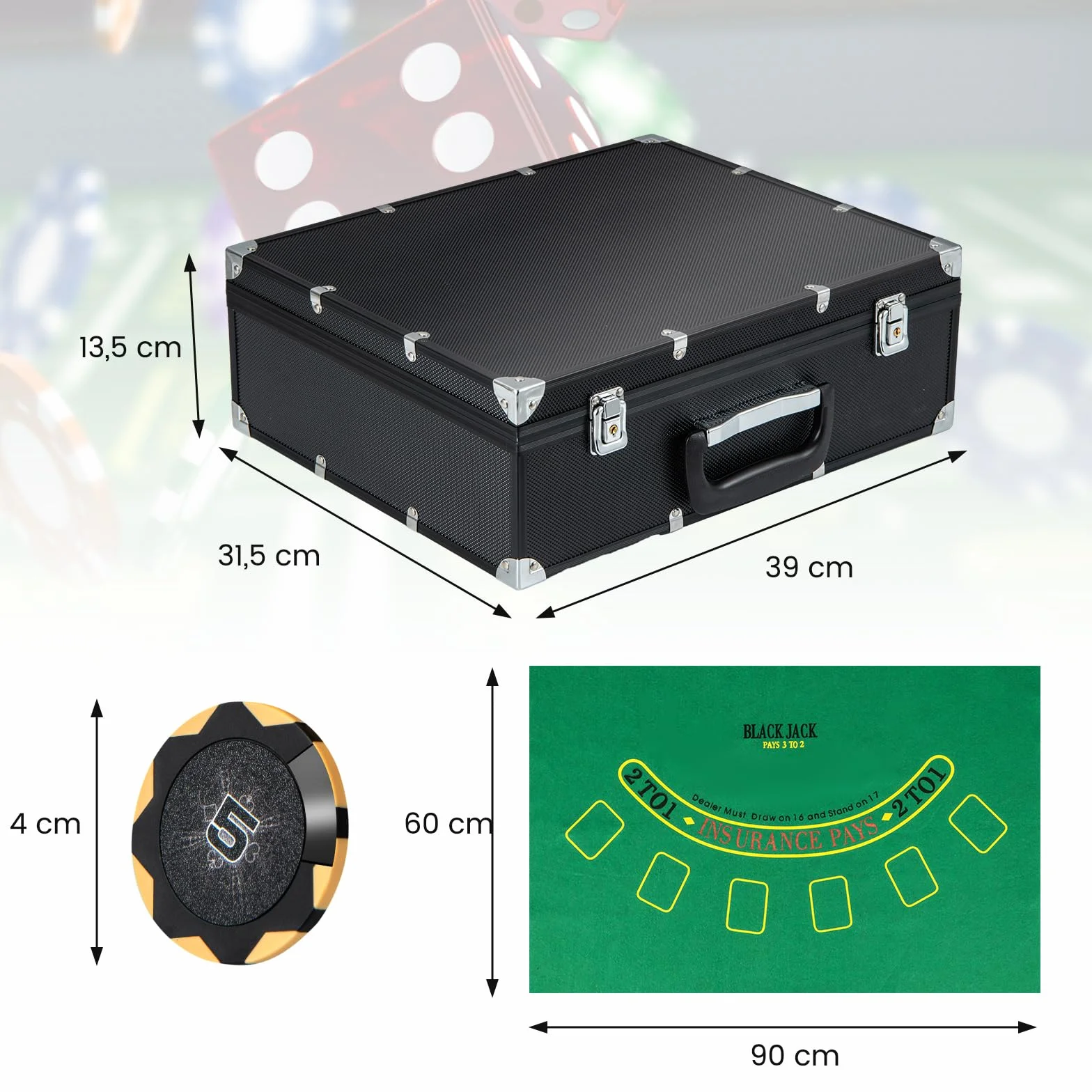 COSTWAY Zestaw do pokera, 300 żetonów, walizka pokerowa z 2 taliami na karty, 5 kostkami, przycisk krupiera, mata, mikser kart i rozdawacz kart, aluminium, kasyno w pokera, kompletny zestaw zamykany