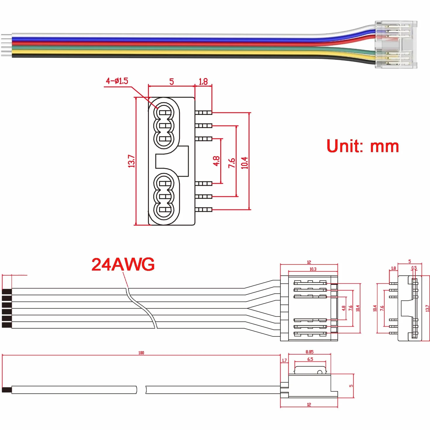 Zestaw złączy LED COB RGB+CCT 12mm 6-stykowy – 5szt do taśmy, 4szt narożniki w kształcie L, 4szt 10cm przedłużacze do przewodu, kompatybilny z taśmami LED FCOB 6-stykowymi RGB+CCT