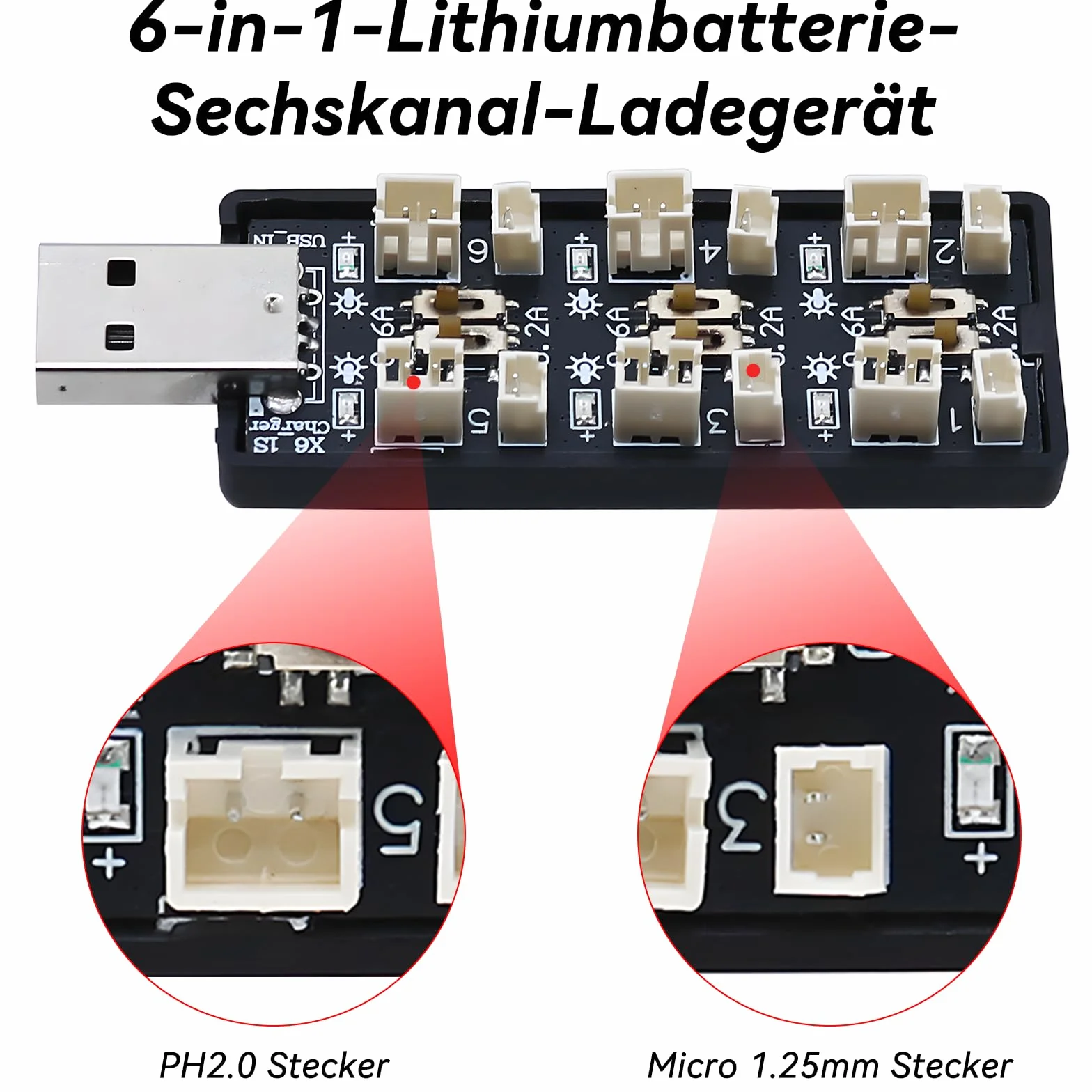 1S Lipo Akumulator LiHV Ładowarka - 3.7V/4.2V Ładowarka do Akumulatorów Lipo z USB 6 Kanałów i Mikro JST 1.25 JST-PH 2.0mm Złącze dla Tiny Whoop Blade Inductrix FPV E013 E010 JJRC H67 H36