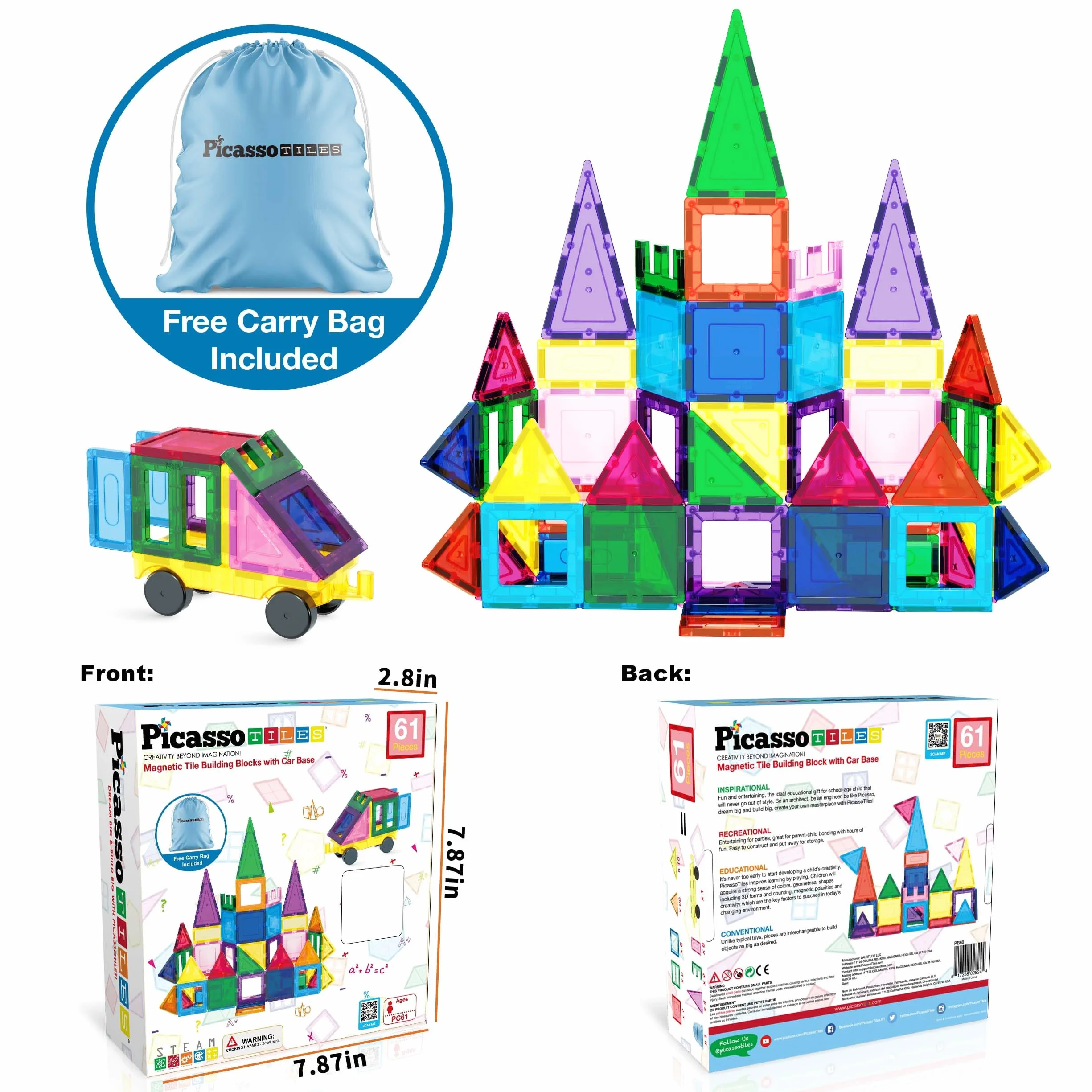 PicassoTiles Magnetyczne klocki z podstawą samochodową, torba do przechowywania ze sznurkiem, torba podróżna, torba do noszenia, klocki magnetyczne, zabawka konstrukcyjna, zestaw edukacyjny STEM