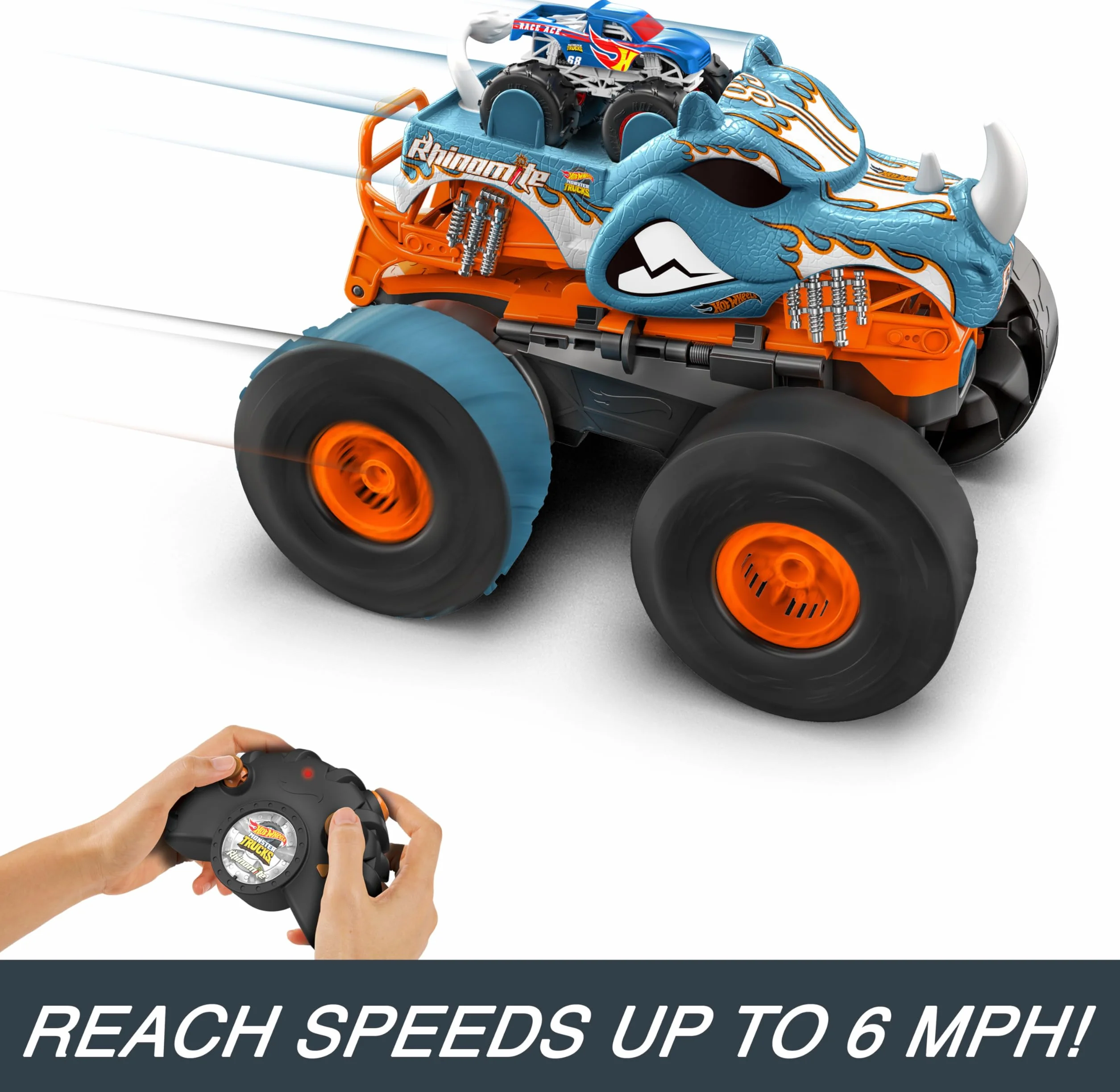 Hot Wheels Monster Trucks R/C Rhinomite Mega Transformacja Pojazd zdalnie sterowany 1:12 + pojazd Race Ace w skali 1:64, transformacja w wyrzutnię, łączy się z pomarańczowym torem, HPK27