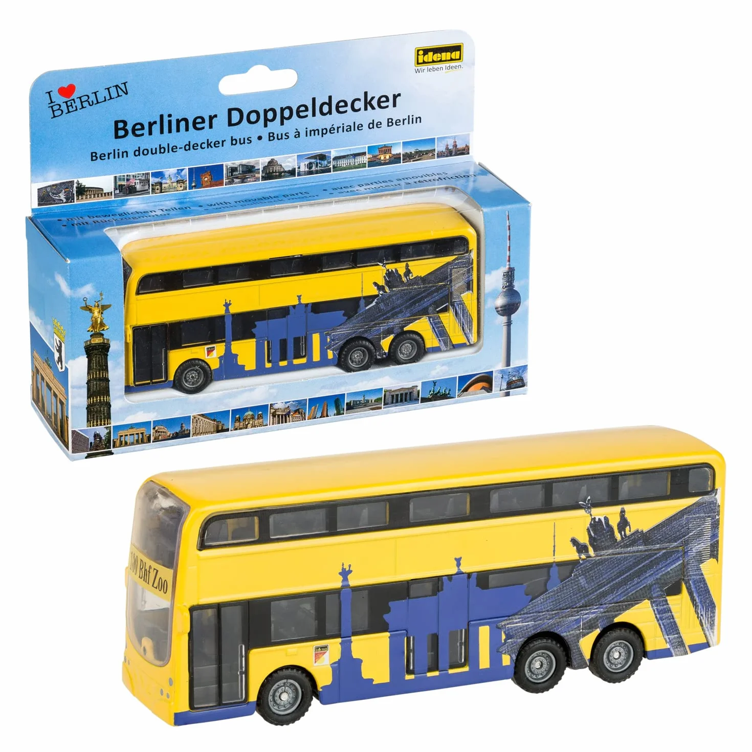 Idena 40107 model autobusu berlińskiego dwupokładowego z silnikiem cofania 18,5x13,5x4,5 cm żółty zabawka pamiątka kolekcjonerski