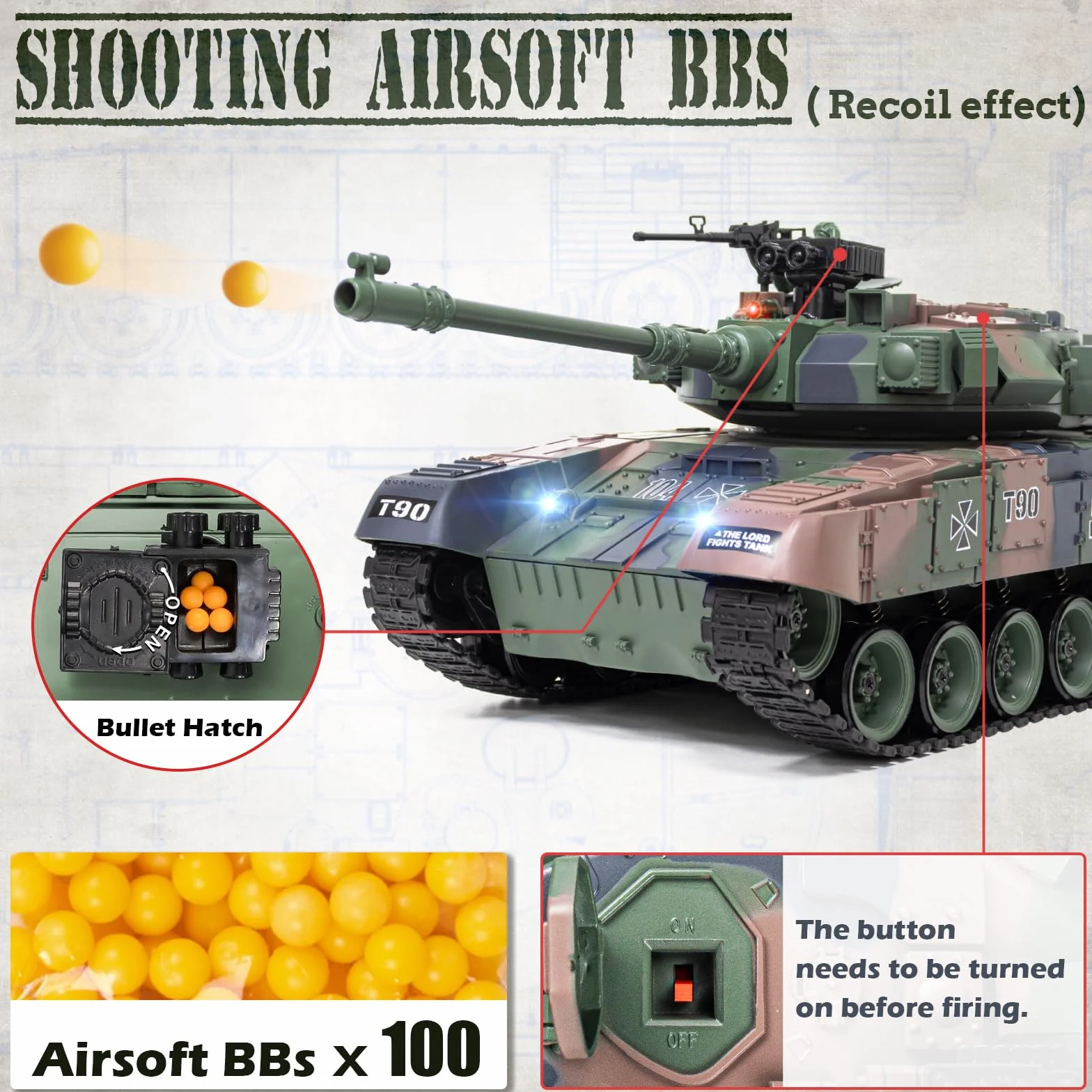 Supdex Czołg RC 1:18, 2,4 GHz RUS T-90 zdalnie sterowany model czołgu zabawki, armia bojowa z dymem, lekki dźwięk, przełącznik głośności, zabawka wojskowa dla dorosłych i dzieci, która strzela BBS