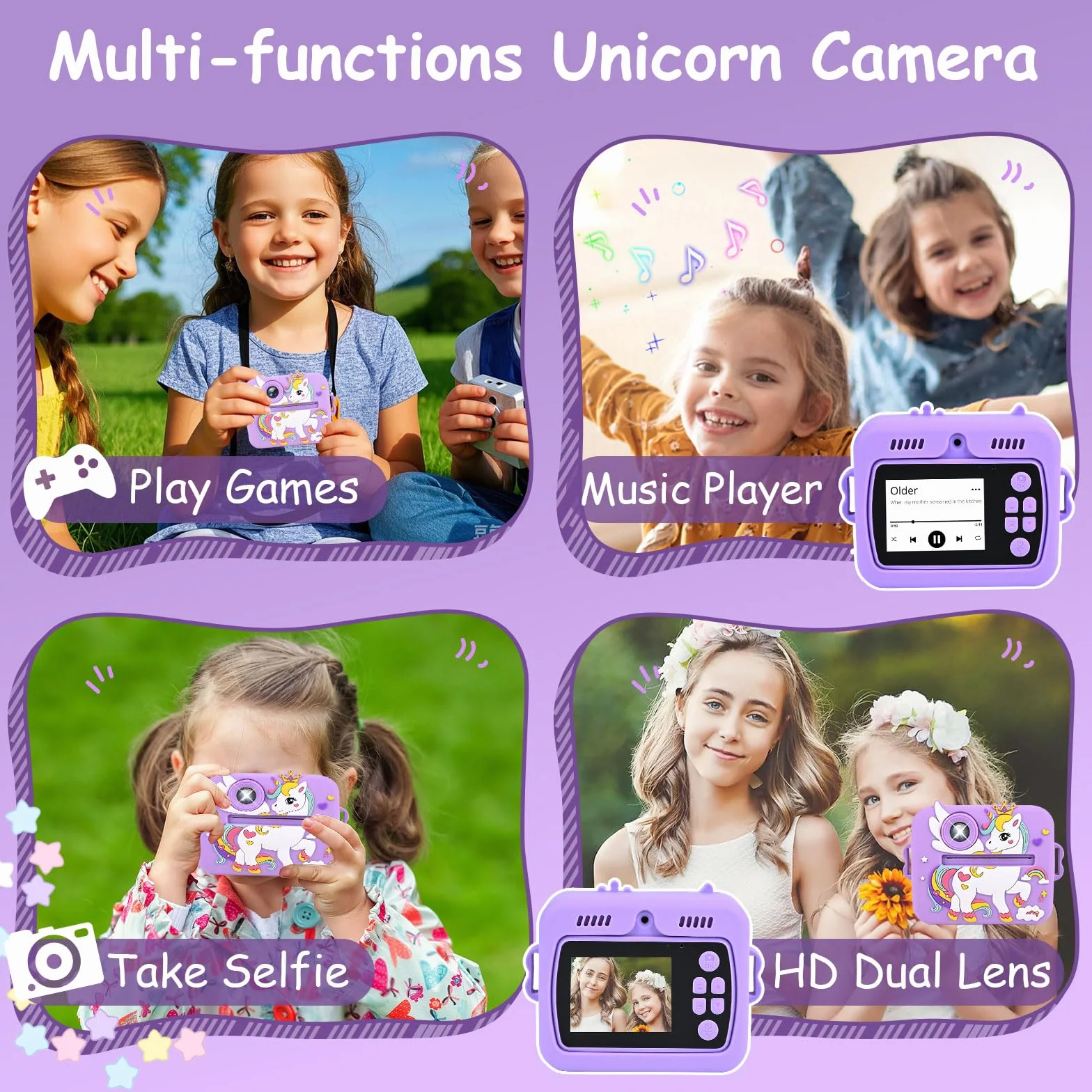Euakee Kids Instant Camera, 1080P HD Cyfrowy Aparat dla Dzieci z 2,4-calowym Ekranem i Kartą 32G, Aparat Natychmiastowy dla Dzieci, Prezenty dla Chłopców i Dziewcząt 3-12 Lat (Fioletowy)