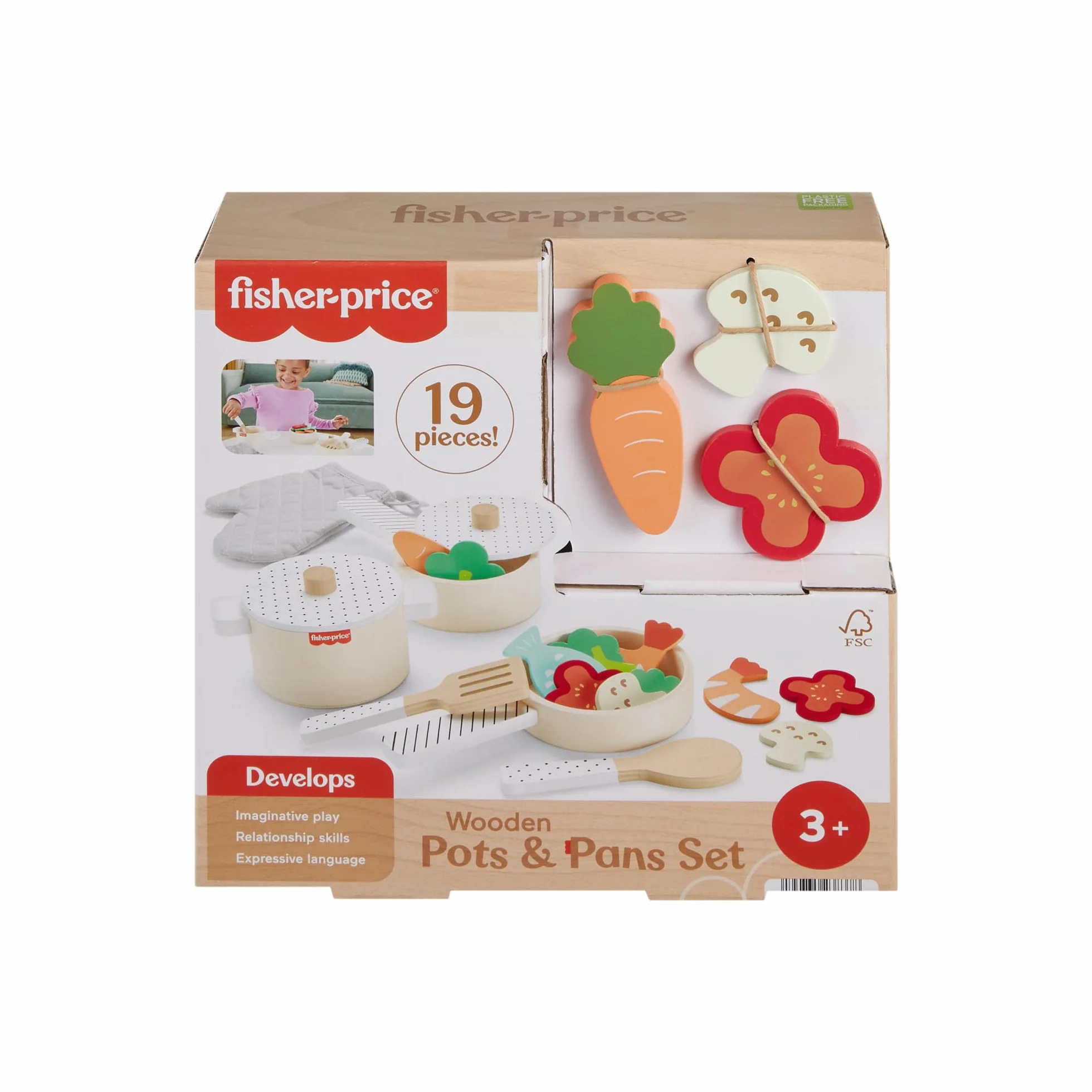 Fisher-Price Maluch gotuje Zestaw drewnianych zabawek 19 elementów, dla dzieci od 3 roku życia, HXT83