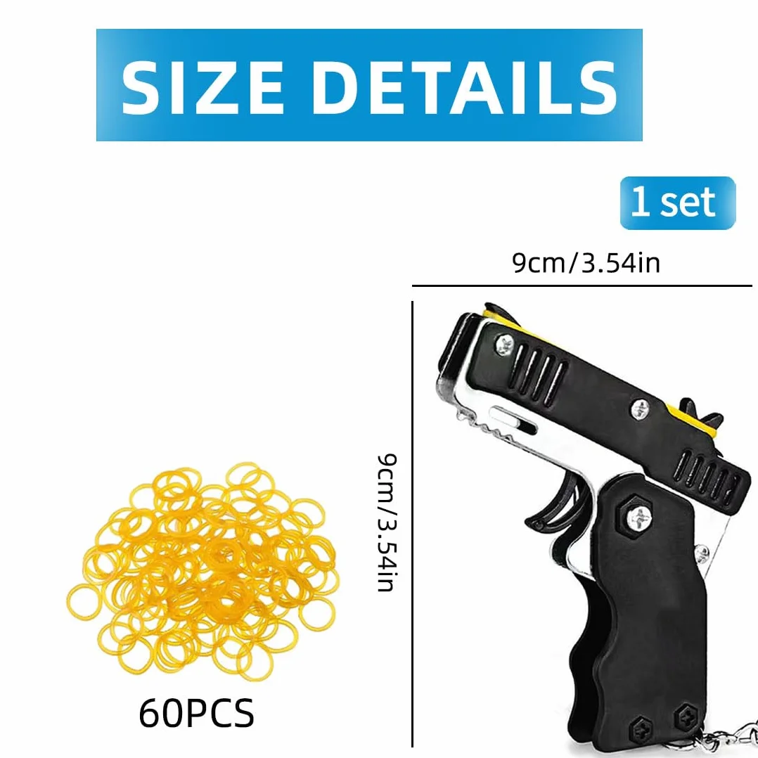 Pistolet gumowy – 1 szt. mini pistolet gumowy z metalu, składany, 6 strzałów z breloczkiem do kluczy i 60 gumowymi taśmami, metalowy składany brelok do kluczy do aktywności na świeżym powietrzu