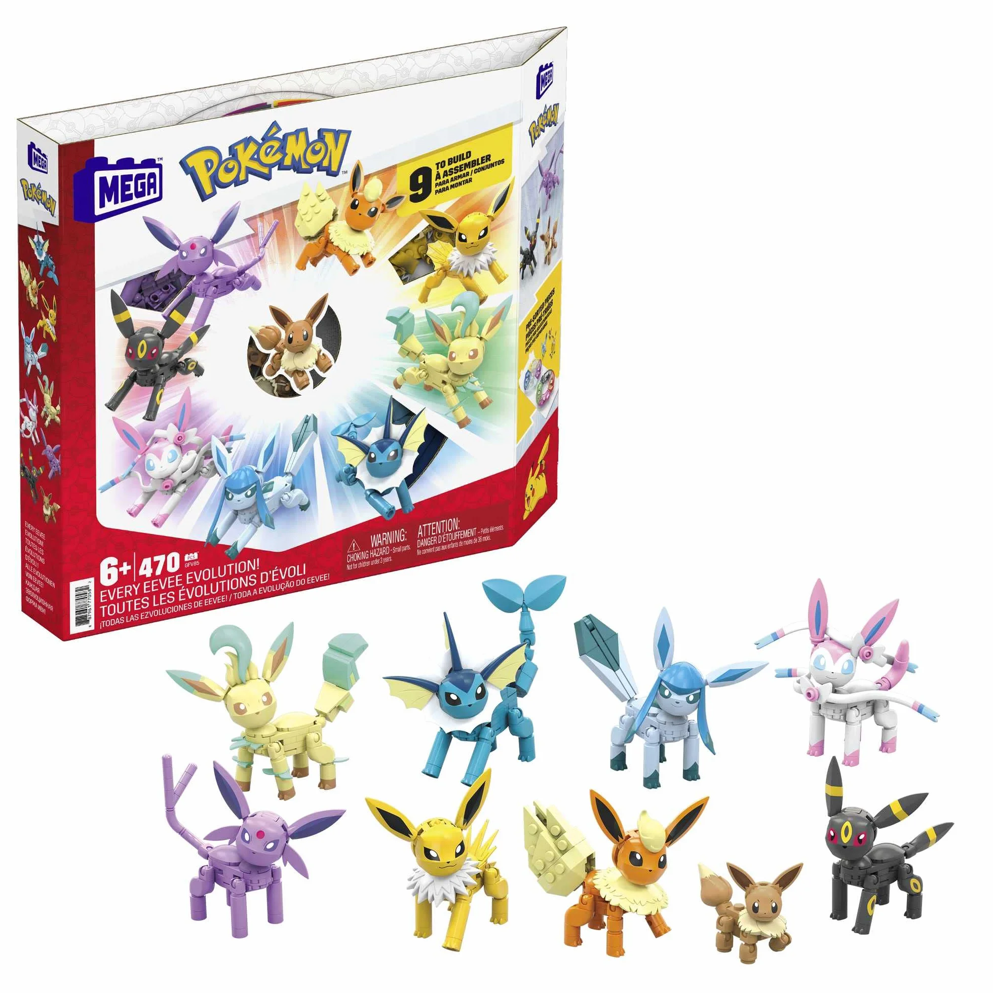 MEGA Pokémon Wszystkie ewolucje Eevee, zestaw konstrukcyjny z figurkami Vaporeon, Jolteon, Flareon, Espeon, Umbreon, Leafeon, Glaceon, Sylveon, 470 elementów, dla dzieci od 6 roku życia, GFV85