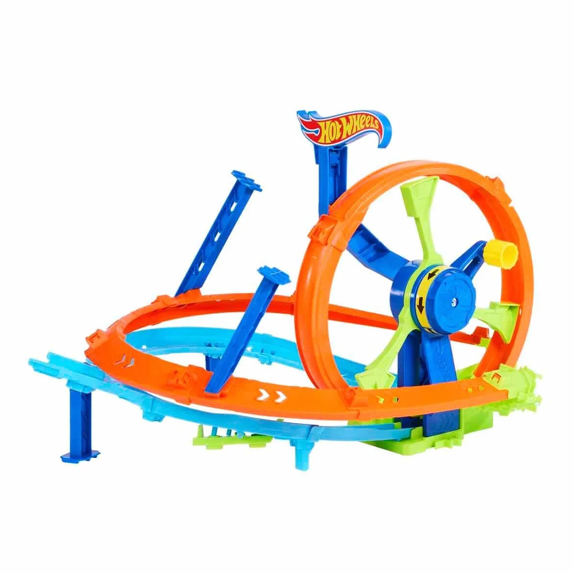 Hot Wheels Stunt Tracks Wyścigowa Turbo Pętla Zestaw do zabawy, samochodowy tor wyścigowy w kształcie ósemki, przyspieszacz, strefa kraks i metalowy samochodzik w skali 1:64, zabawka dla dzieci 4+
