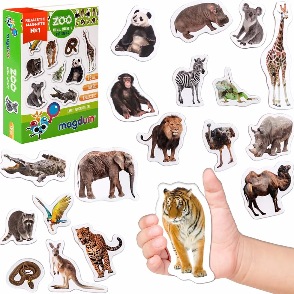 Magnesy ze zdjęciami zwierząt z ZOO dla dziecka - duże magnesy na lodówkę - edukacyjne zabawki magnetyczne dla 3-latków