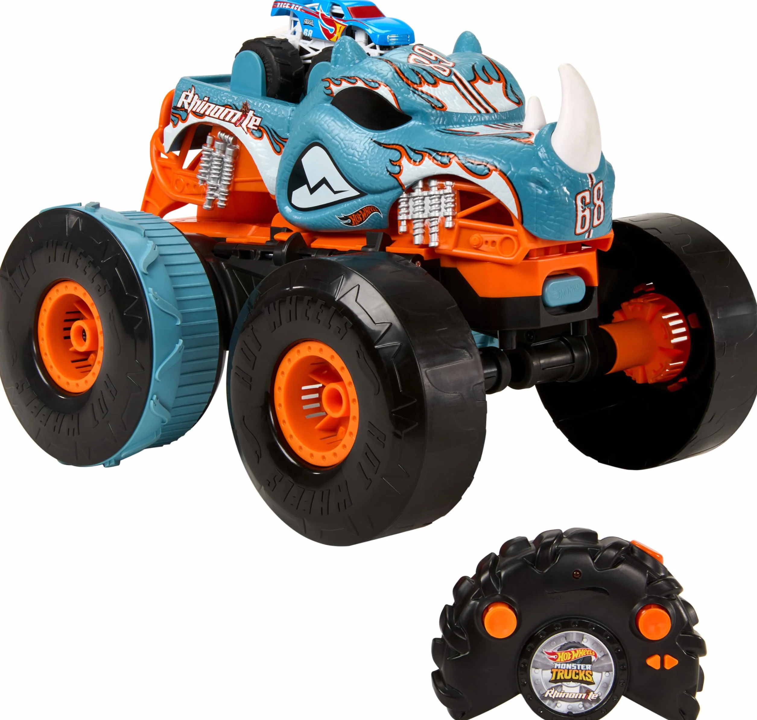 Hot Wheels Monster Trucks R/C Rhinomite Mega Transformacja Pojazd zdalnie sterowany 1:12 + pojazd Race Ace w skali 1:64, transformacja w wyrzutnię, łączy się z pomarańczowym torem, HPK27