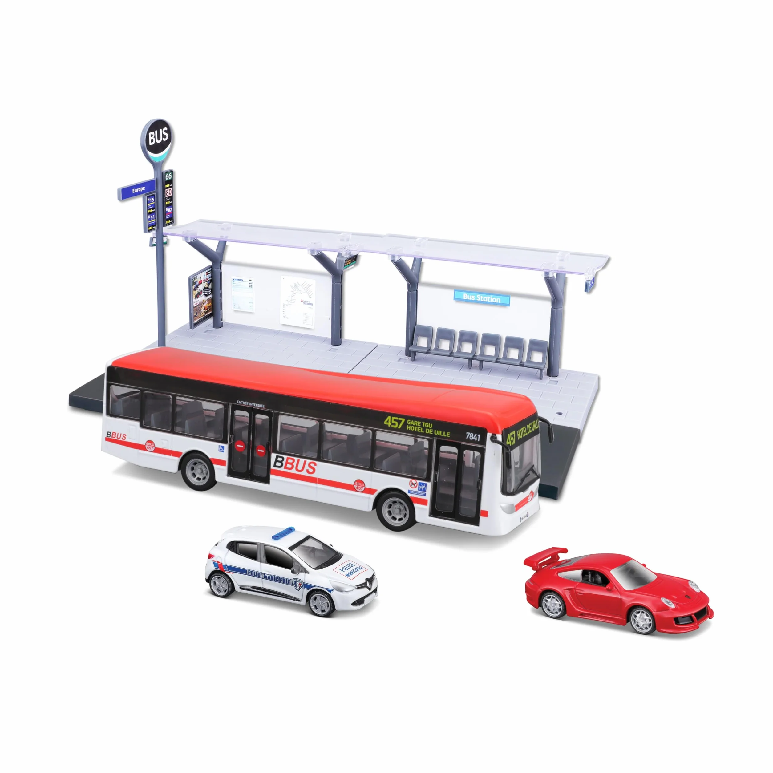 Bburago - Playset Public Transport w skali 1/64 - autobus, tramwaj, stacja + 2 pojazdy - Zabawka edukacyjna dla dzieci - modele losowe - Rozwija wyobraźnię i kreatywność