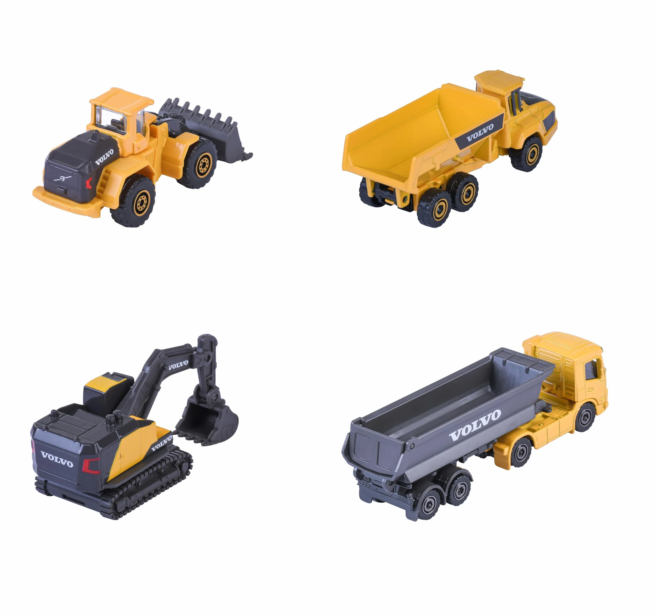 Majorette 8503105000 VOLVO 4-częściowy zestaw prezentowy 4 pojazdy budowlane metalowe die cast: koparka, wywrotka, ciężarówka, spychacz - ładowarka;zabawa w piaskownicy dla dzieci od 3 lat