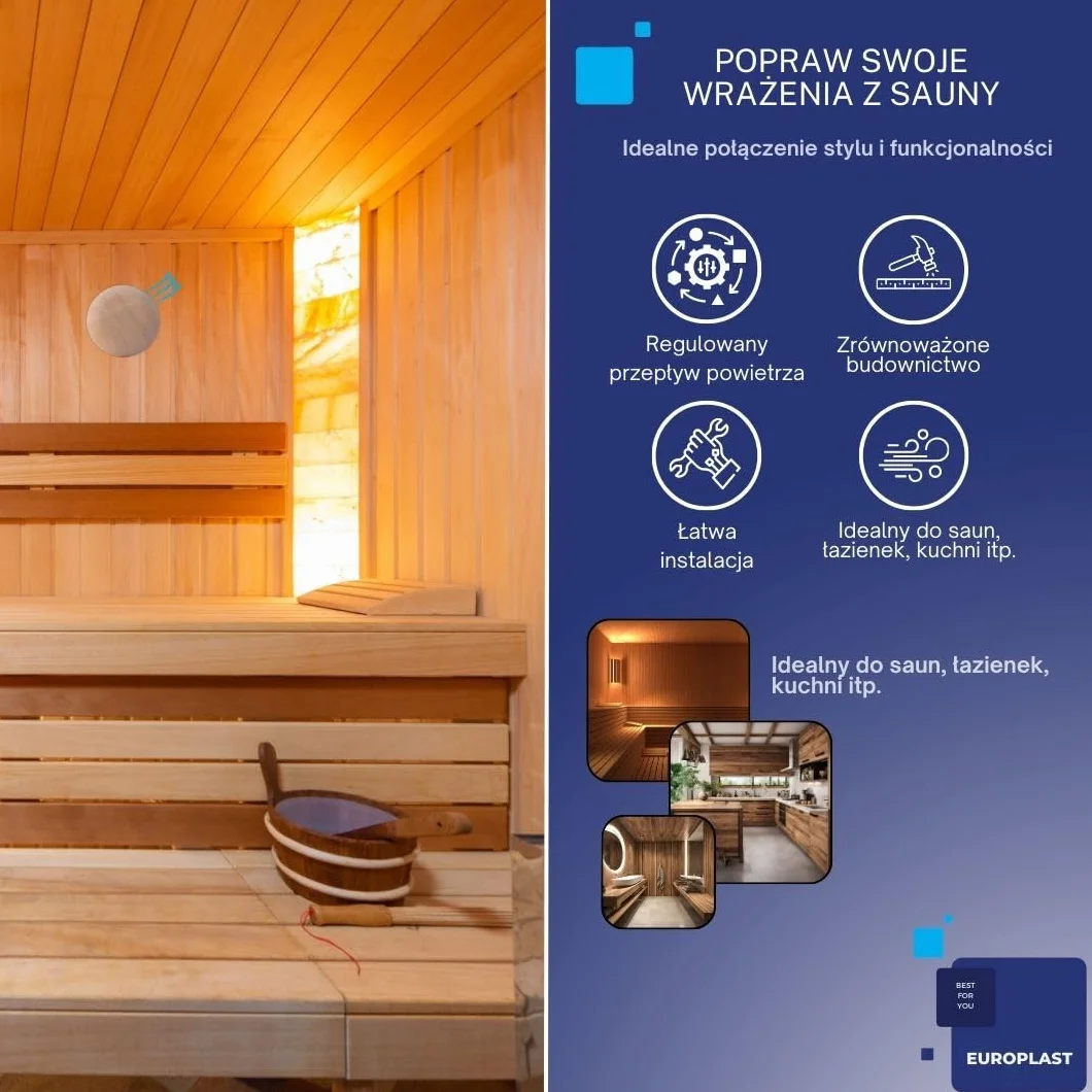 EUROPLAST Drewniany zawór talerzowy 160 mm – okrągły zawór wentylacyjny do sauny – uniwersalny dyfuzor doprowadzający i wywiewowy – regulowany dyfuzor do ściany lub sufitu – zawór powietrza wylotowego