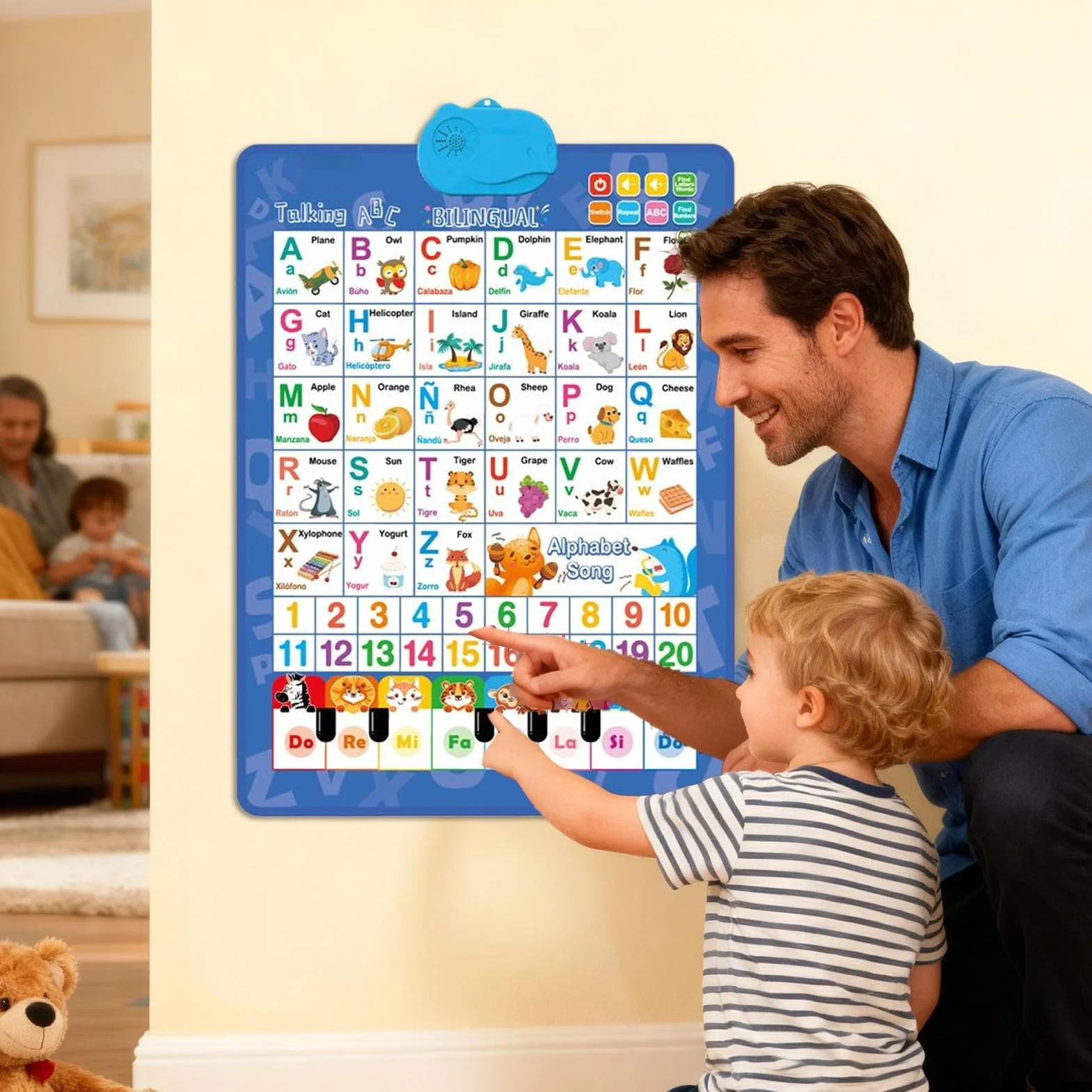 Alphabet Wall Chart, Talking Bilingual Interactive Poster, Spanish and English Music Learning Toy for Kids Ages 3-8, Classroom, Preschool, Language Development