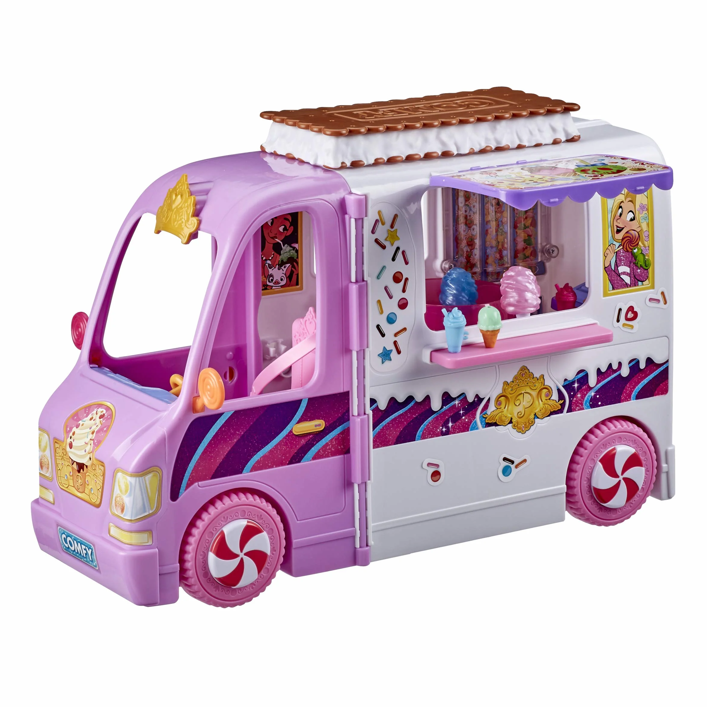 Disney Princess Comfy Squad Sweet Treats Truck, zestaw do zabawy z 16 akcesoriami, sklep z lodami, zabawka dla dziewcząt w wieku od 5 lat