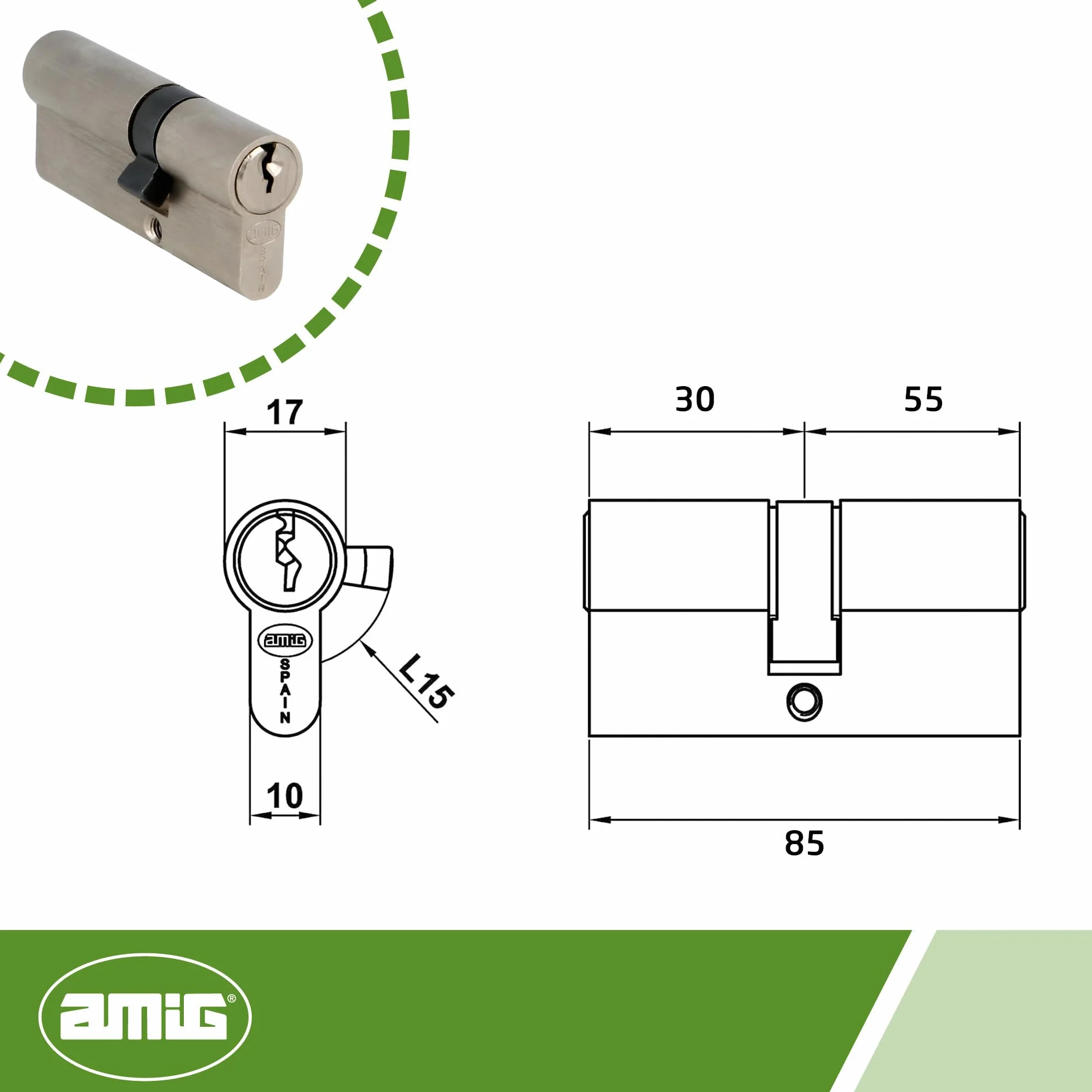 AMIG - Cylinder bezpieczeństwa do drzwi drewnianych - rozmiar 85 (30-55) mm - 5 kołków - ochrona przed wierceniem - trzpień 15 mm - w zestawie 3 klucze mosiężne - chromowane matowe wykończenie