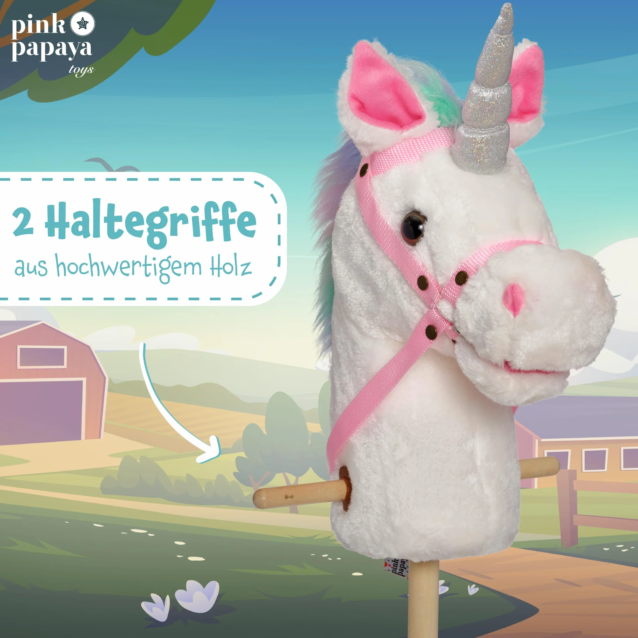Pink Papaya Hobby Horse, Tęczowy, uroczy konik wykonany z materiału z funkcją dźwiękową: rżenie i odgłos galopu