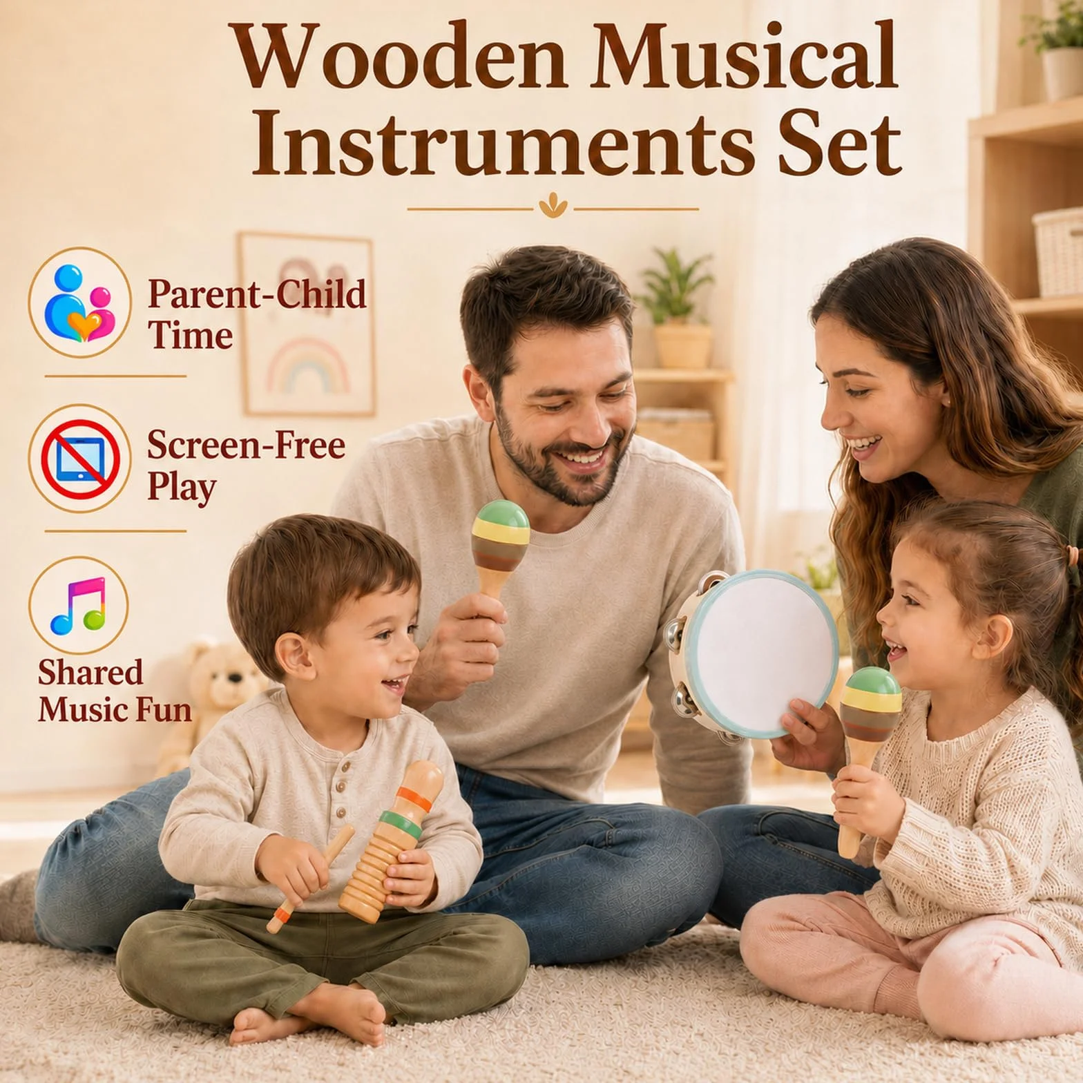 Instrumenty muzyczne dla dzieci od 3 lat – drewniany zestaw instrumentów Montessori 12 elementów, ksylofon, tamburyn, marakasy, trójkąt, zabawki rytmiczne dla dzieci