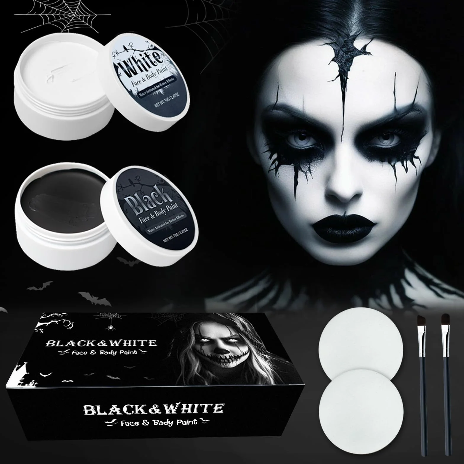 Makijaż na Halloween, 140 g, czarno-biały (70 g na sztukę), z 2 pędzlami + 2 pudrem pudru, farba do twarzy na Halloween, do makijażu teatralnego, szkieletu, zombie, wampira, makijażu karnawałowego