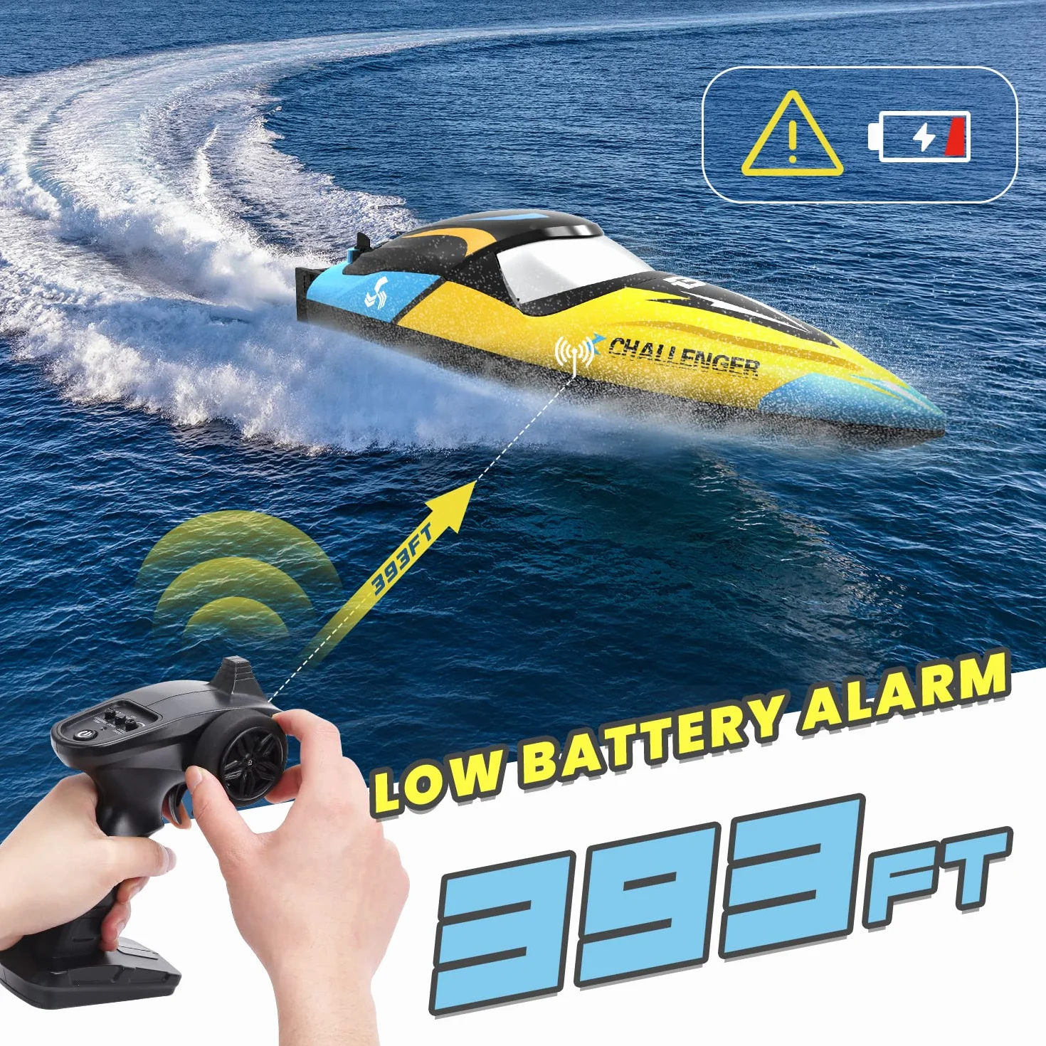 DEERC 2104 bezszczotkowa łódź RC, szybka łódź zdalnie sterowana 20+ km/h, do basenów i jezior, 2,4 GHz z diodami LED, akumulator, alarm niskiego poziomu baterii i regeneracja wywrotka dla dzieci i