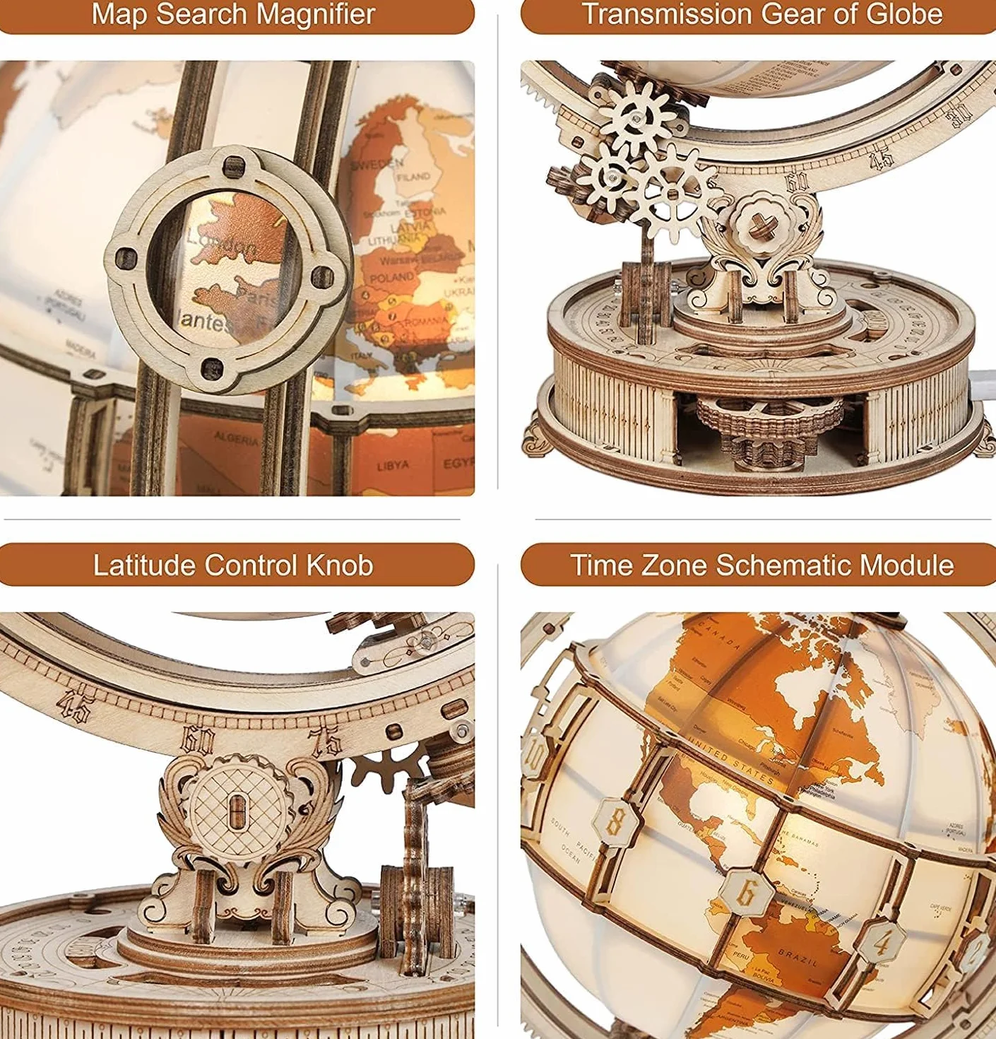 ROWOOD Puzzle 3D świecące globusy zestaw do budowania dla dorosłych drewniane lampki nocne LED zrób to sam wystrój domu wyjątkowy prezent na Boże Narodzenie urodziny