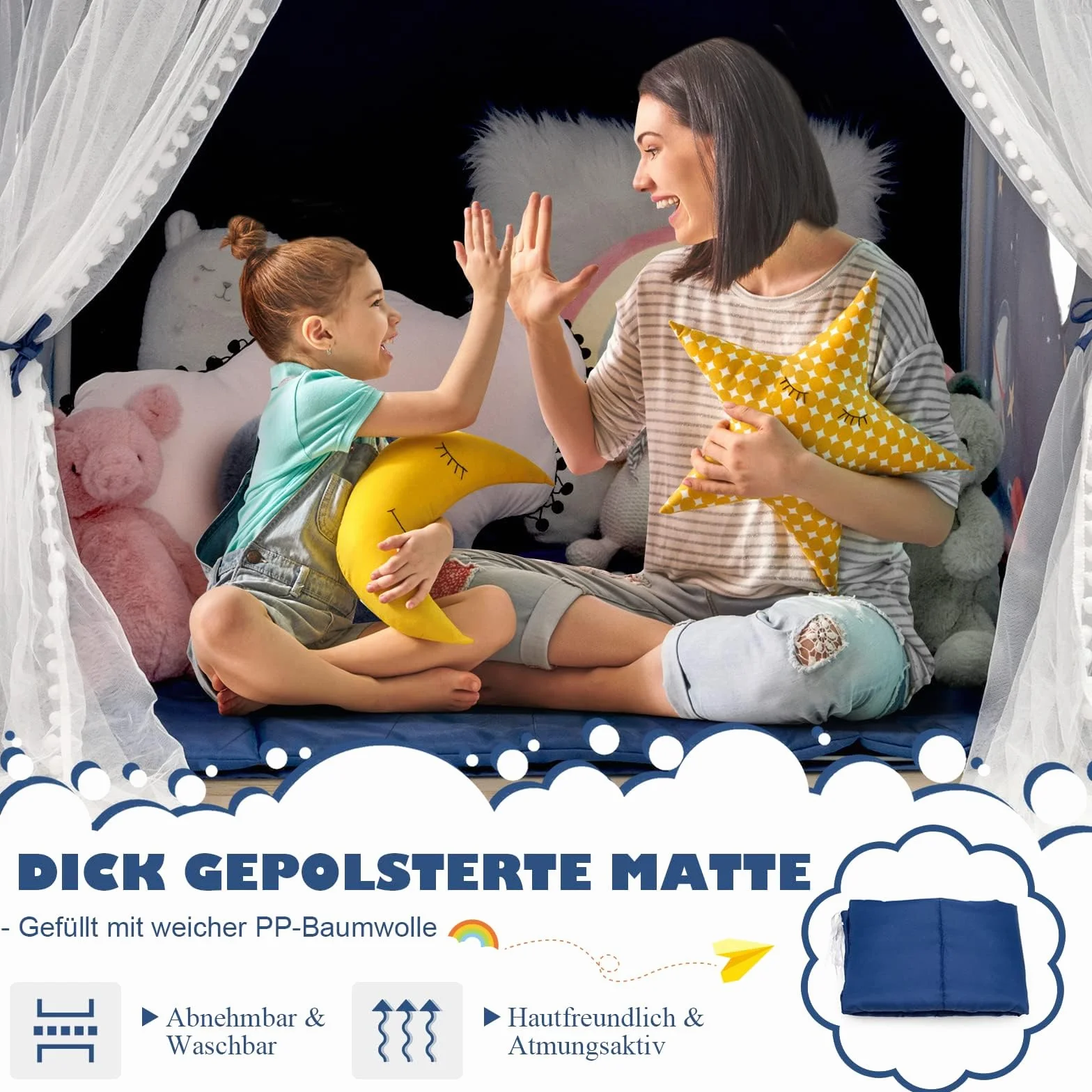 COSTWAY Namiot dziecięcy, domek do zabawy dla dzieci, z matą i zasłoną, namiot do zabawy, domek do zabawy dla chłopców i dziewczynek (niebieski)