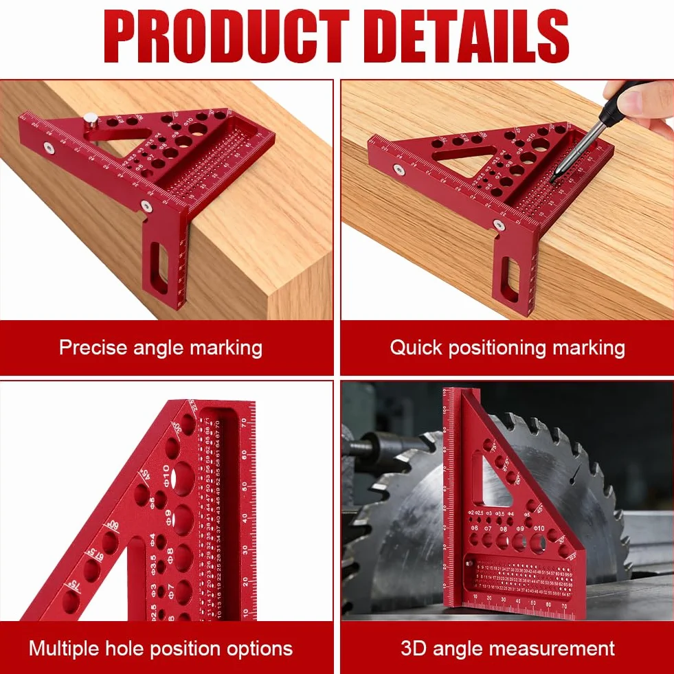 Flintronic Kwadrat stolarski 3D, linijka pomiarowa kątowa ze stopu aluminium 22,5–90 stopni, 110 mm, wysoka precyzja, kwadratowa, z długopisami do obróbki drewna, dla inżynierów, stolarzy, czerwona
