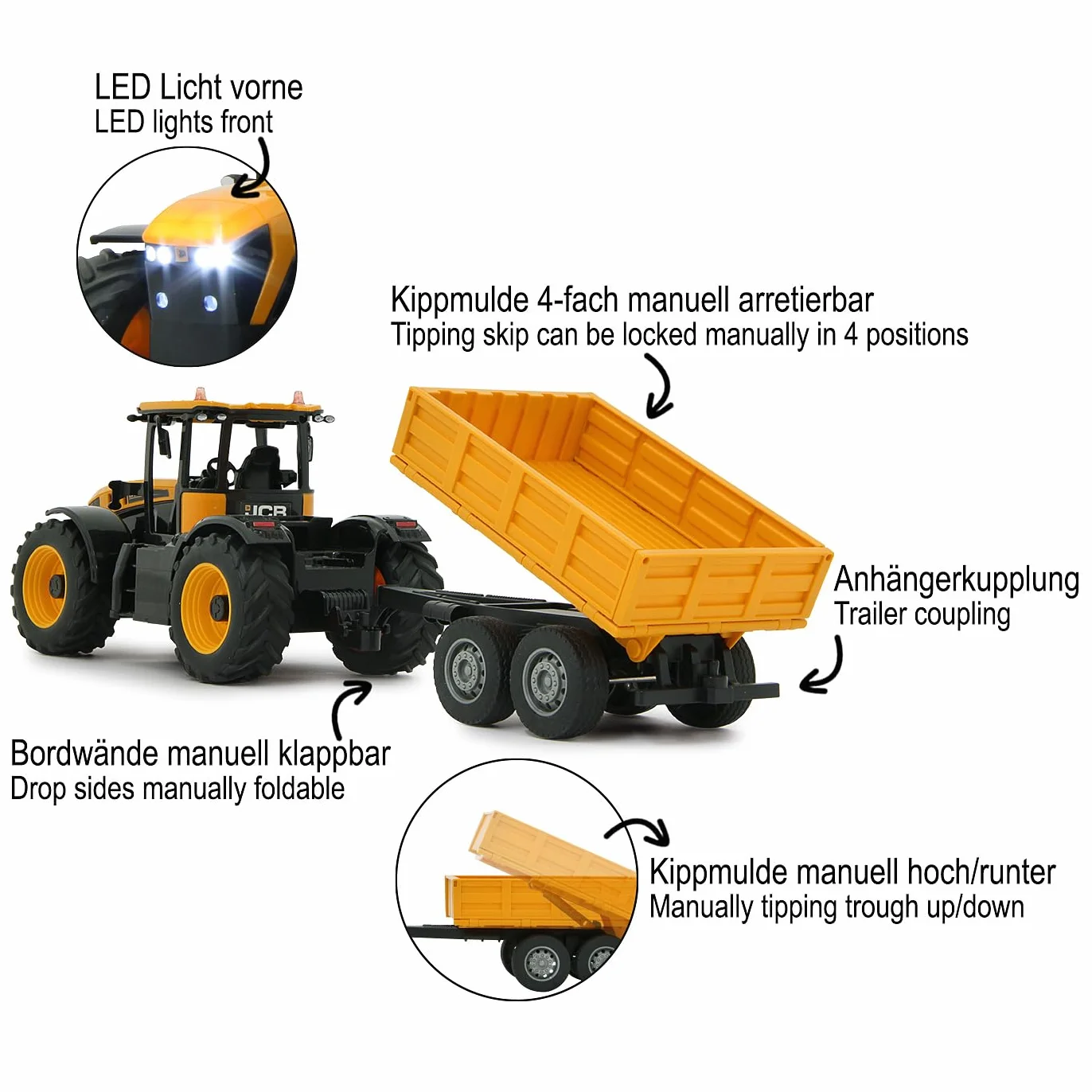 JAMARA JCB Fastrac traktor z przyczepą uchylną 1:24 2,4 GHz – napęd na 2 koła, profilowane opony gumowe, światło LED, rolnictwo