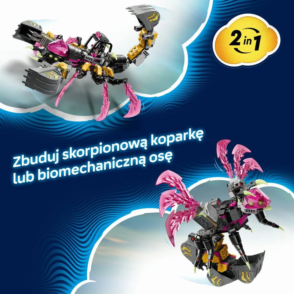 LEGO DREAMZzz Koszmarna skorpionowa koparka, zabawka dla dzieci z 3 minifigurkami, dwie opcje budowania, prezent na urodziny dla chłopców i dziewczynek w wieku od 7 lat, dekoracja fantasy 71513