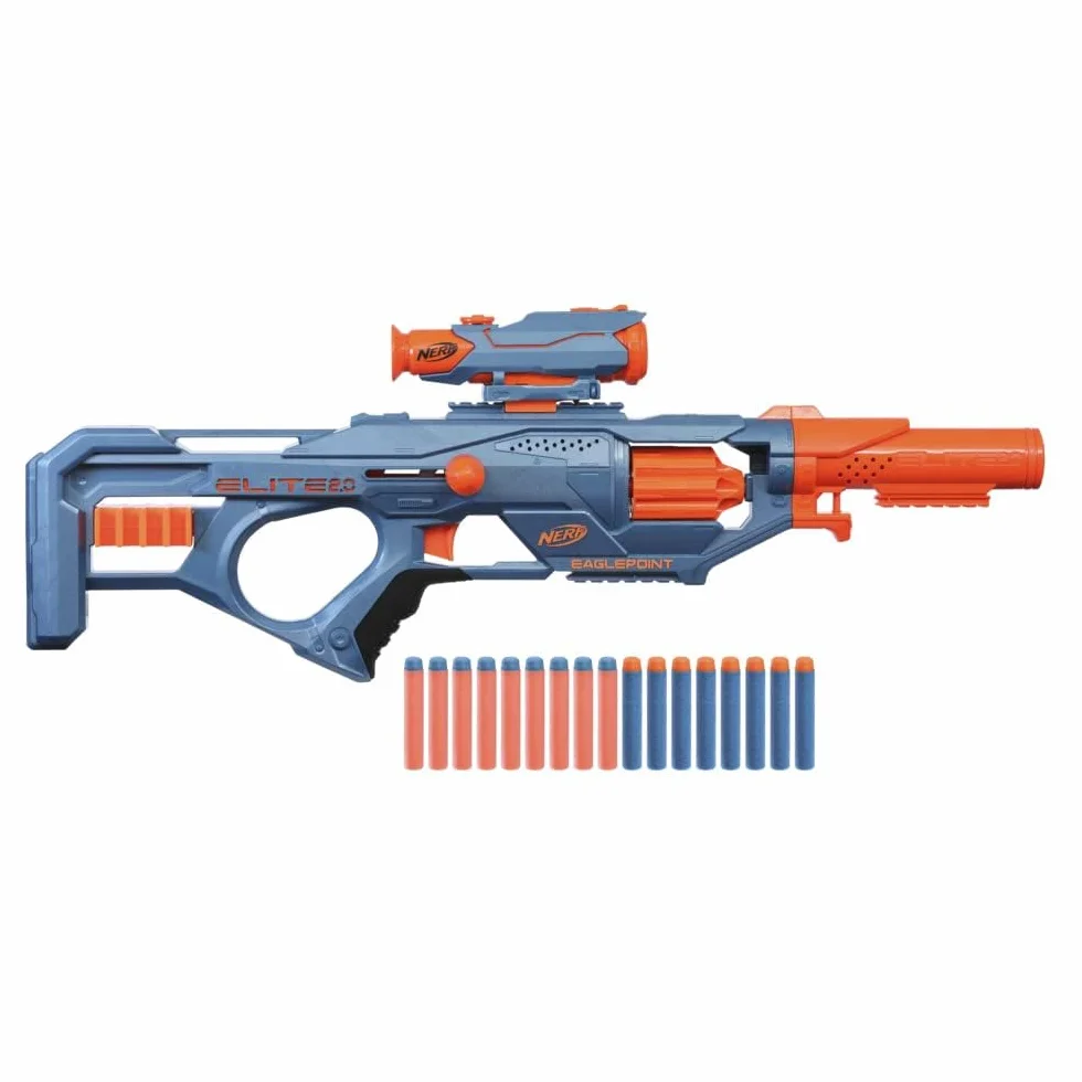Wyrzutnia Nerf Elite 2.0 Eaglepoint RD-8, 8-strzałkowy magazynek bębnowy, zdejmowany celownik i lufa, 16 strzałek Nerf, mechanizm ryglowy