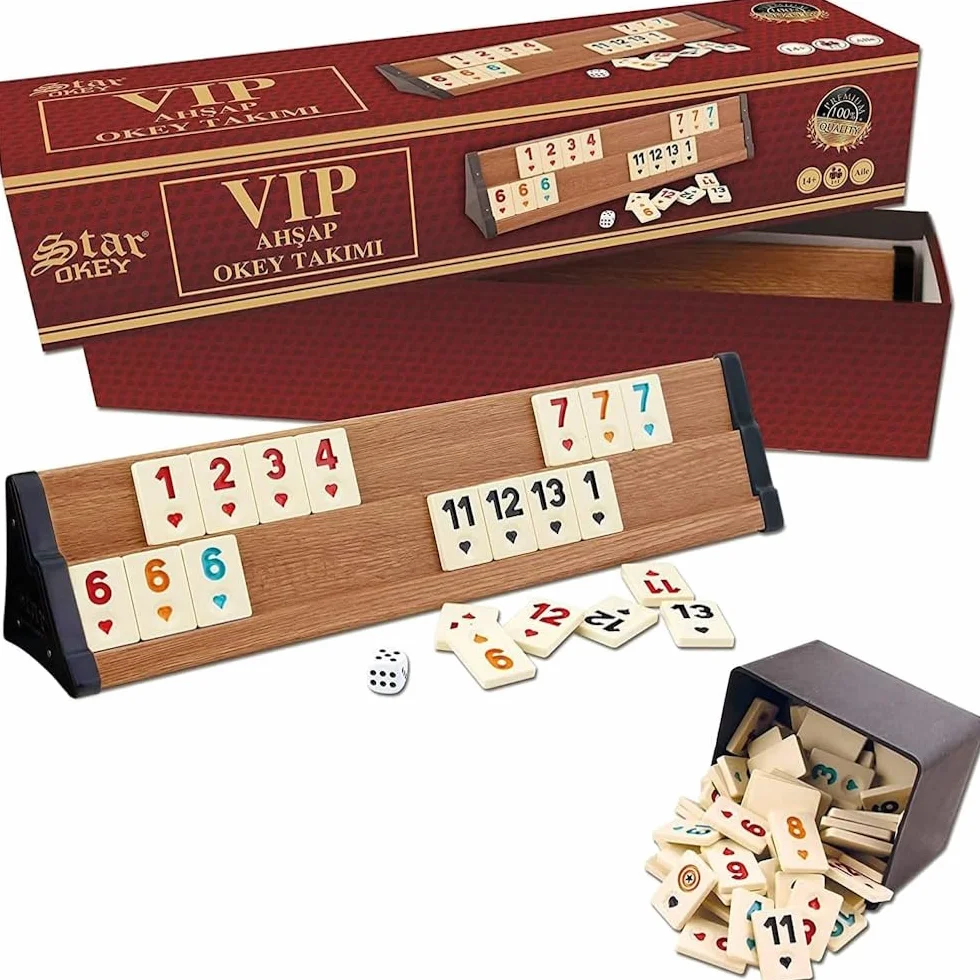 Star Oyun Aletleri Profesjonalny zestaw Rummikub VIP z drewna. Ahsap Okey Takimi, zestaw rummy z kamieniami melaminy, drewno (jasnobrązowy)