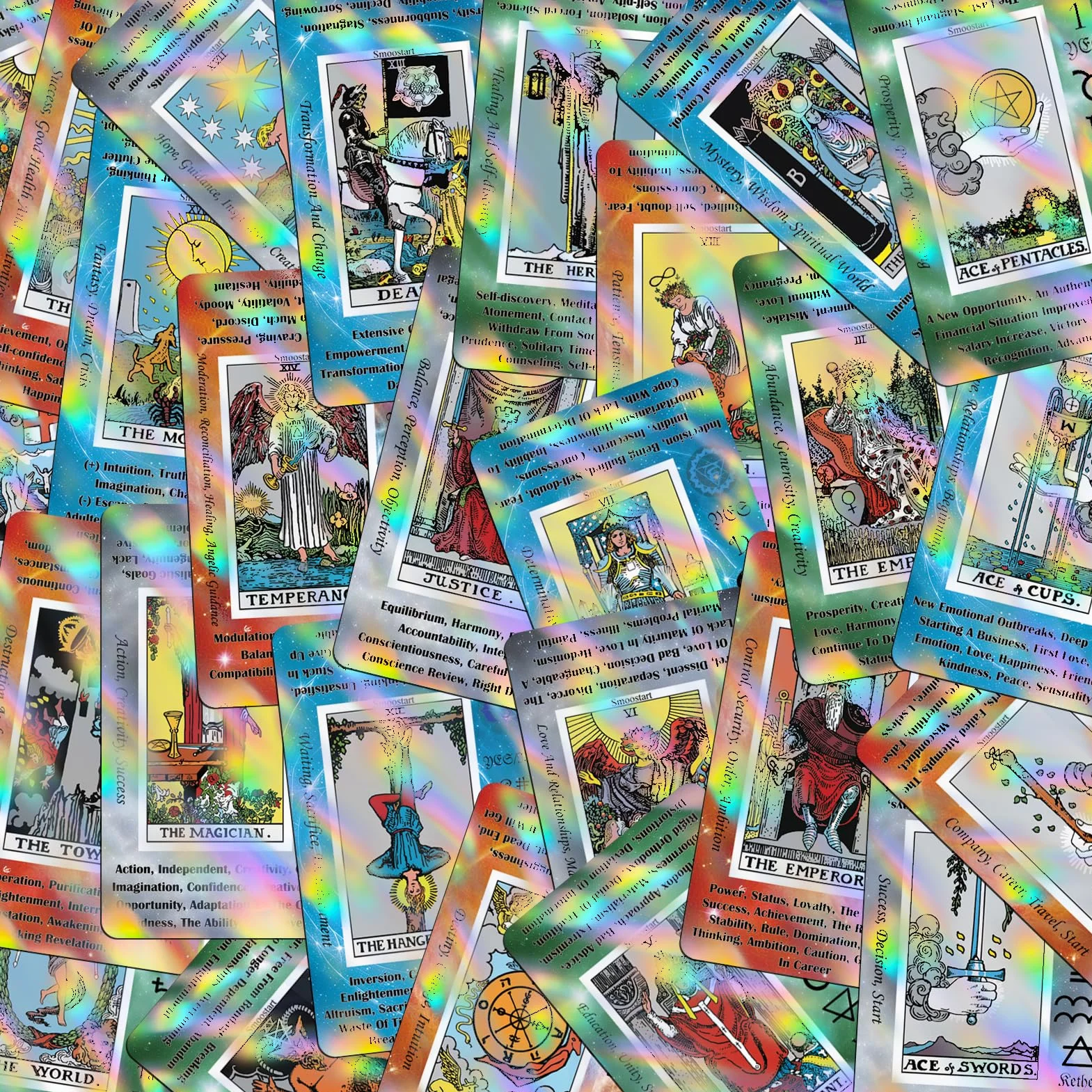 Smoostart holograficzny Tarot dla początkujących ze znaczeniami, z przewodnikiem, słowami kluczowymi, elementem, planetą, zodiakiem, czakrami, tak lub nie, ton muzyczny, numerologia, alfabet hebrajski