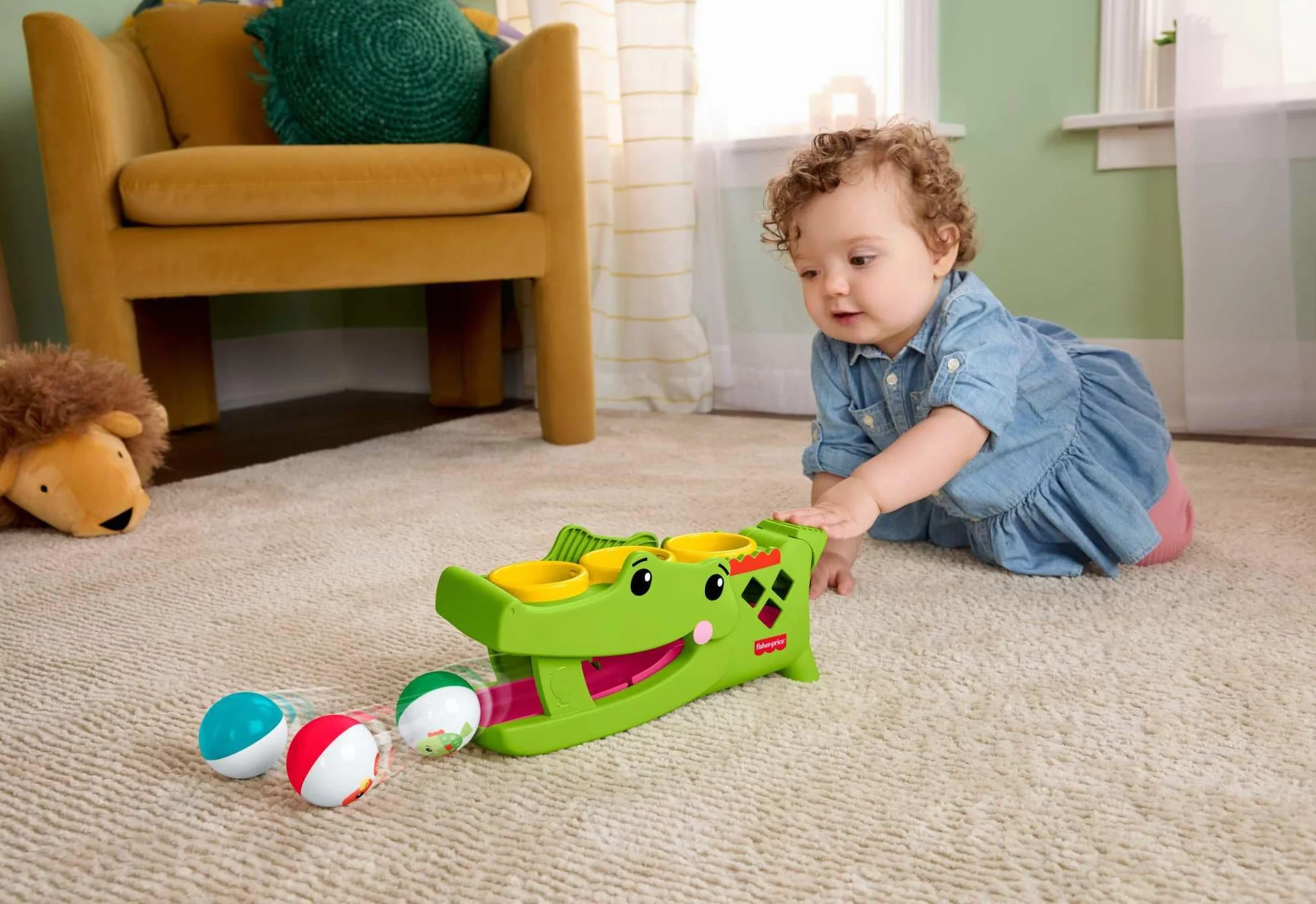 Fisher-Price Krokodyl Przebijanka aktywizująca z piłeczkami, zestaw zachęcający do raczkowania, młoteczek i 3 piłeczki, zabawka rozwojowa dla dzieci od 9 miesiąca życia, JLB94