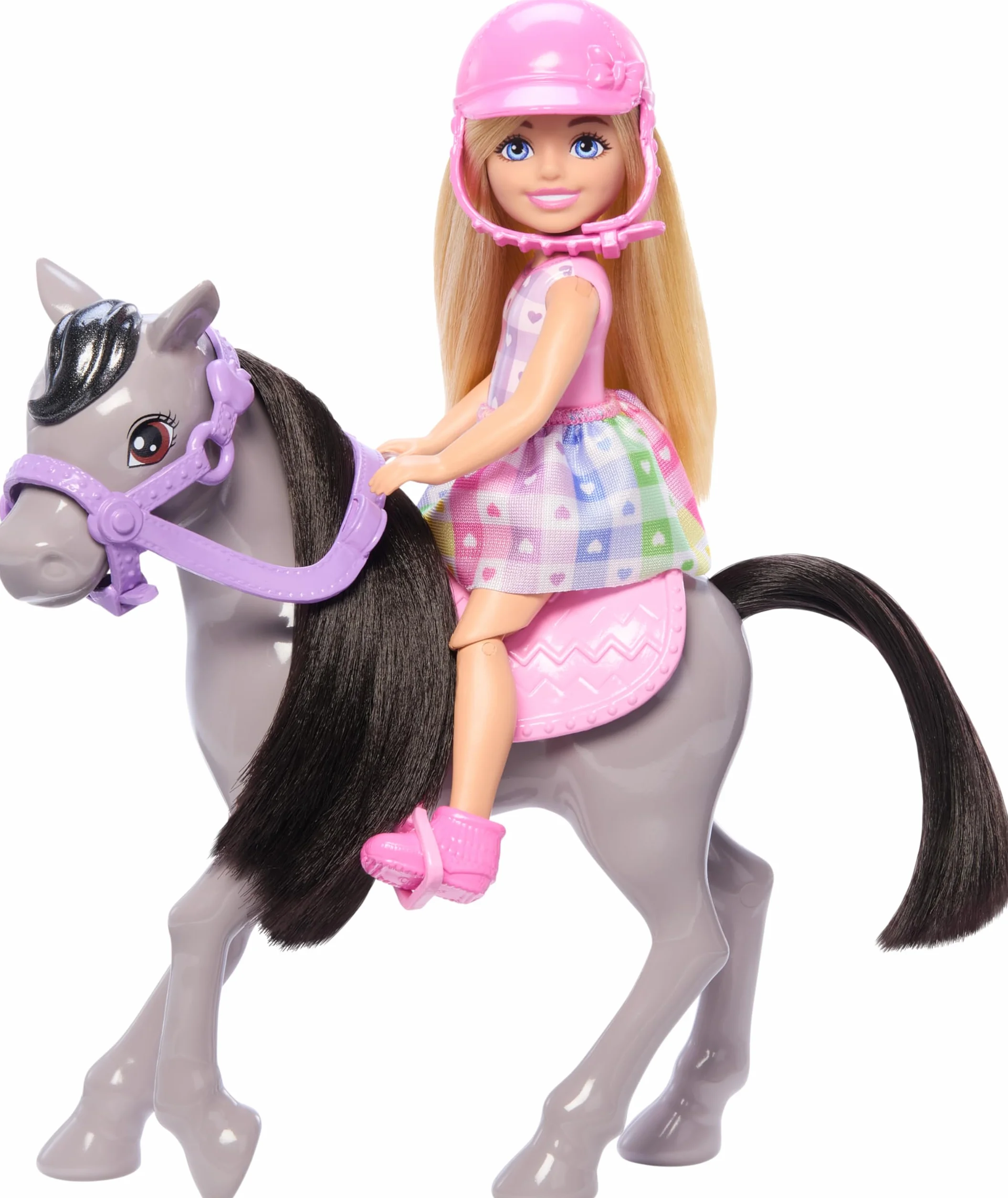 Barbie Chelsea Lalka + kucyk, toczek i siodło, lalka ma zginane nogi, aby móc „jeździć” na szarym kucyku, HTK29