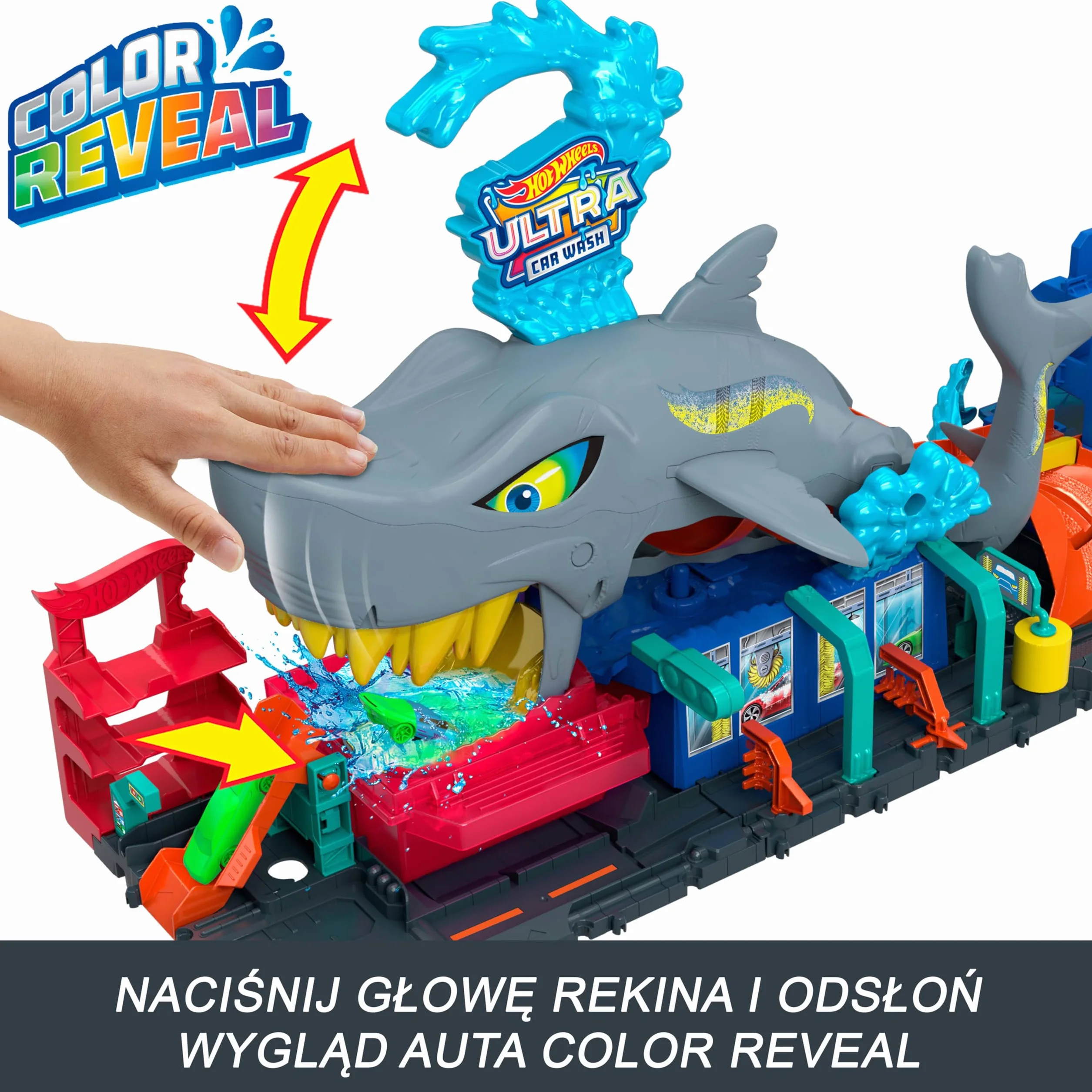 Hot Wheels City Ultra „Let's Race – Na start!” Netflix - Myjnia Rekina Zestaw do zabawy z pojazdem Color Reveal w skali 1:64 i z funkcją zmiany koloru + miejsce do przechowywania, HTN82