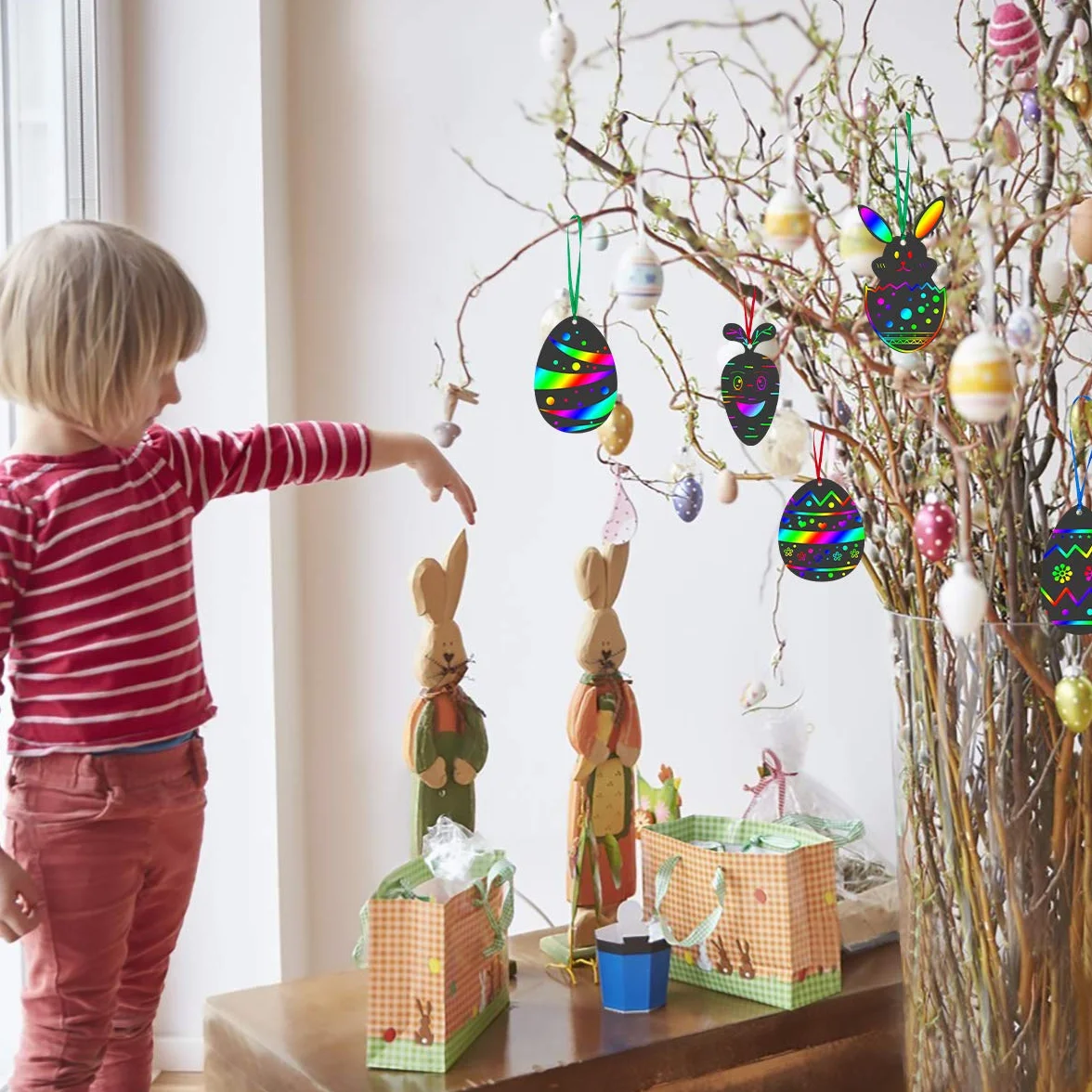 MELLIEX 48 sztuk wielkanocnych obrazków do zdrapywania dla dzieci, tęczowy papier do zdrapywania do majsterkowania z szablonami, drewniane pisaki dla dorosłych, chłopców, dziewczynek, "zrób to sam"